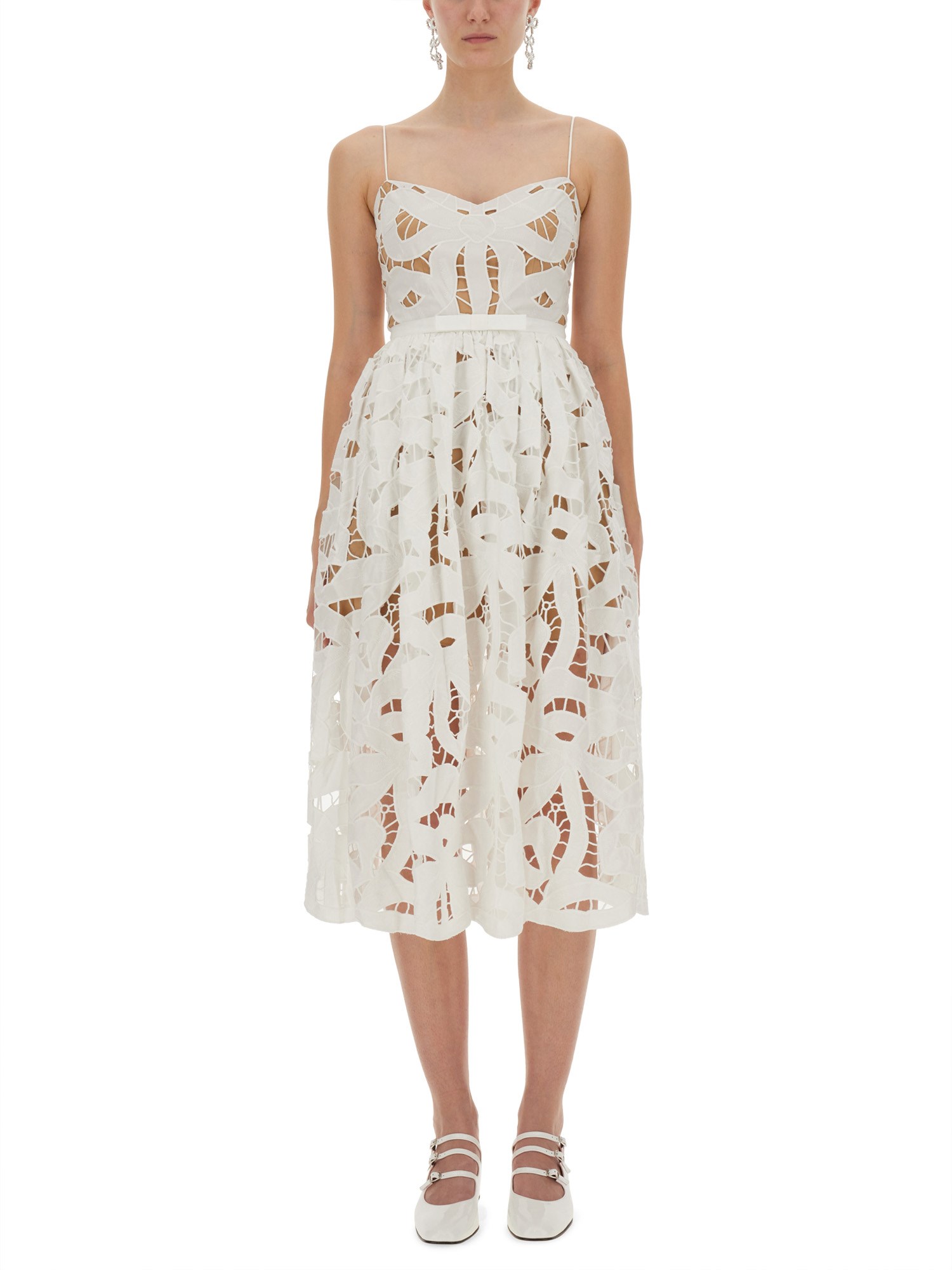 Self-portrait Embroidered Midi Dress With Bow In White