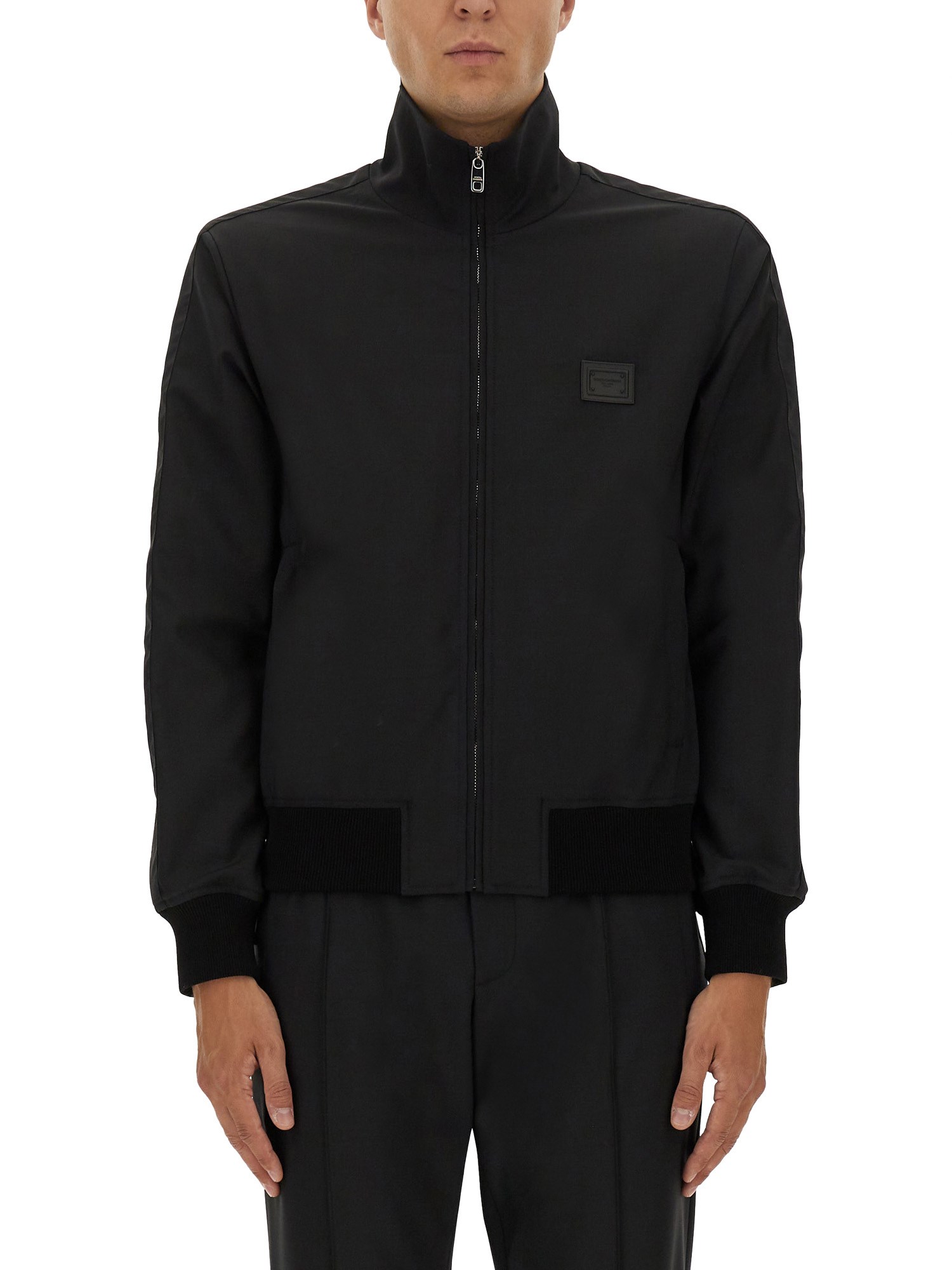 Dolce & Gabbana Zip-up Bomber Jacket With Logo Patch In Black