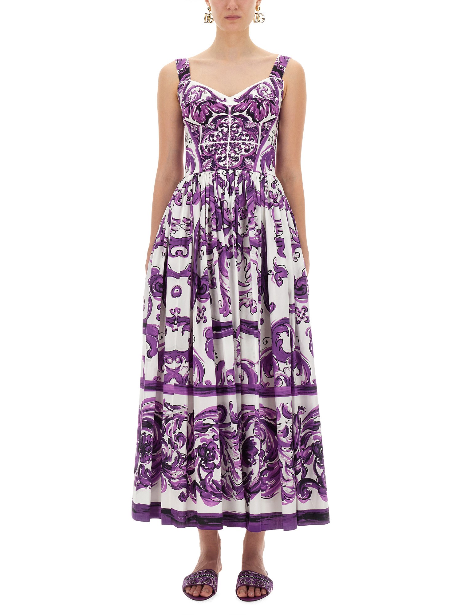 Dolce & Gabbana Long Poplin Dress With Majolica Print In Multi