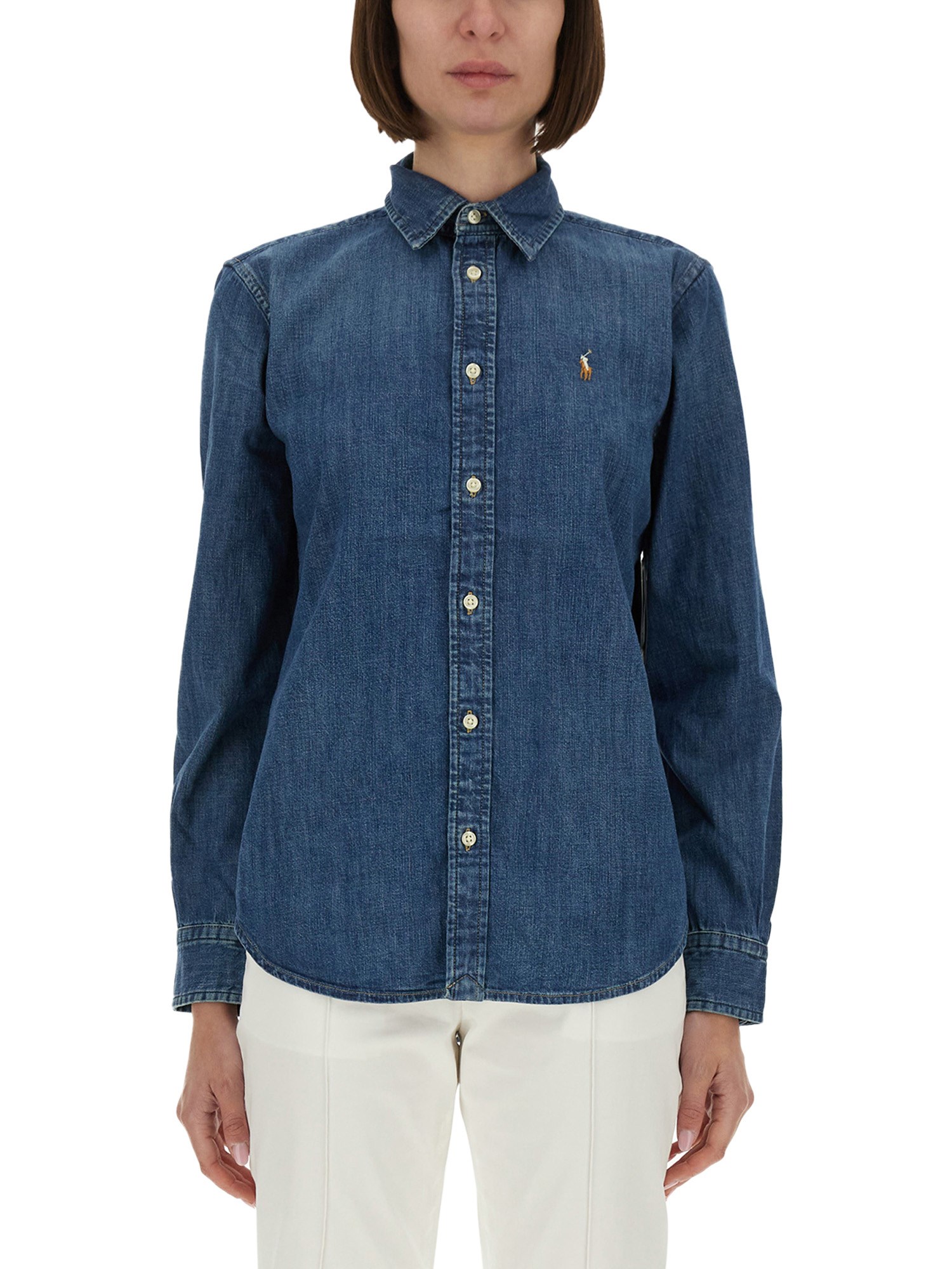 Polo Ralph Lauren Blue Shirt With Classic Collar And Pony Embroidery On The Front In Denim Woman In Blue