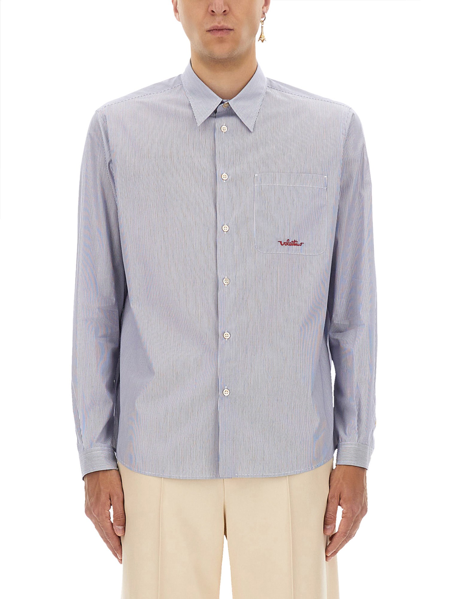 Valentino Striped Shirt With Embroidered Logo In Blue