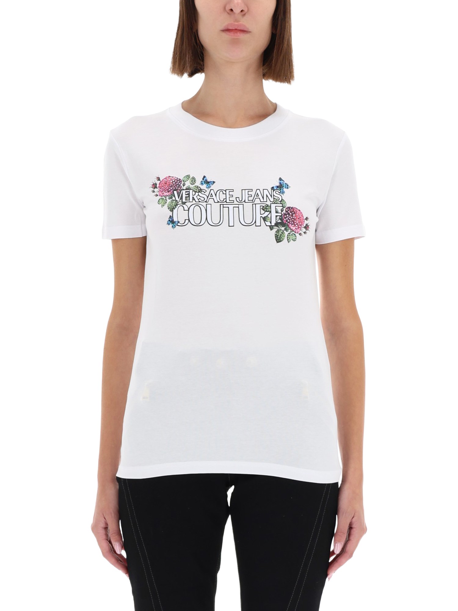 Versace Jeans Couture Floral Graphic Print Short Sleeve Top In White
