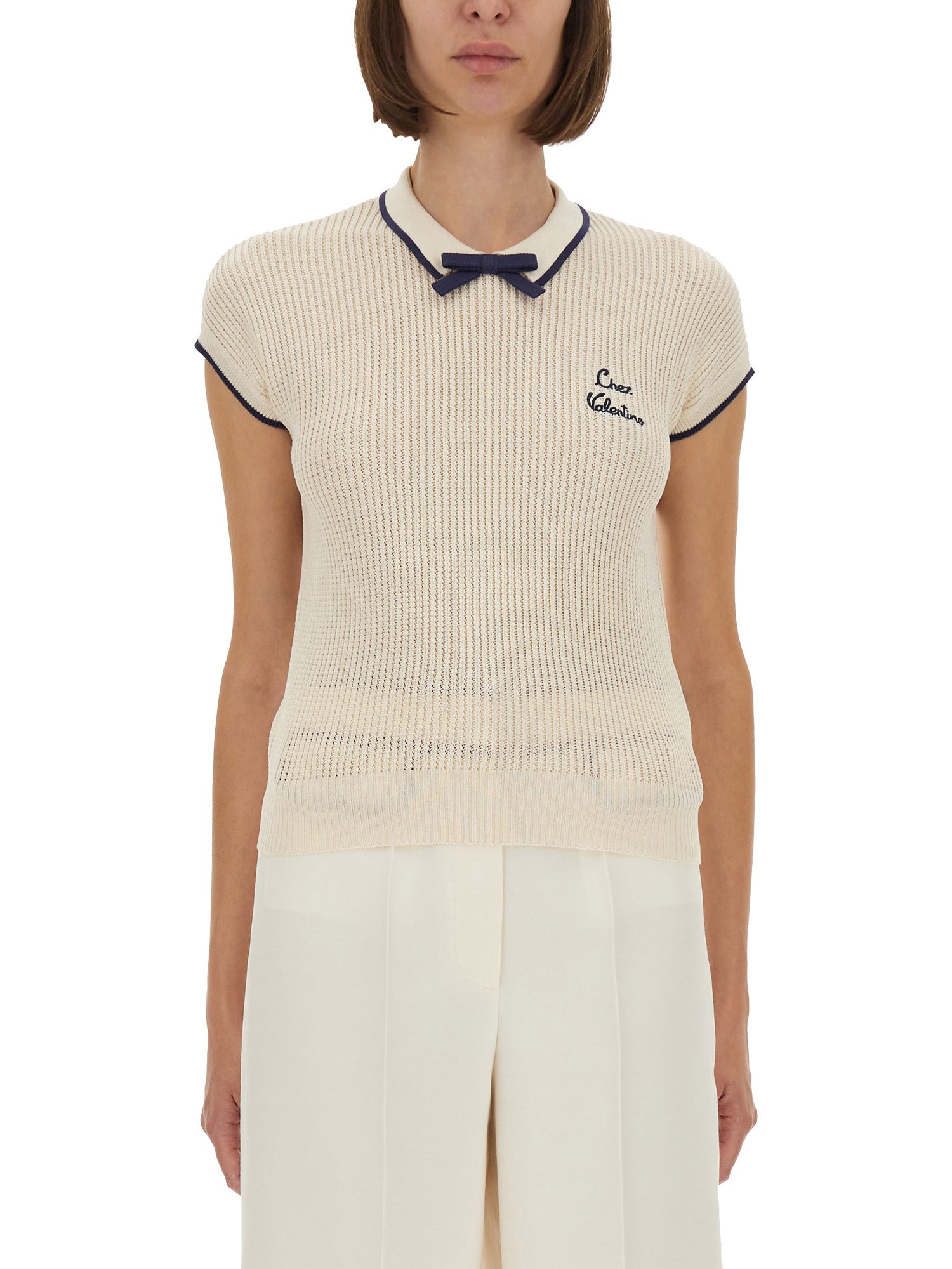 Valentino Cotton Tops With Bow Detail And Cap Sleeves In Neutral