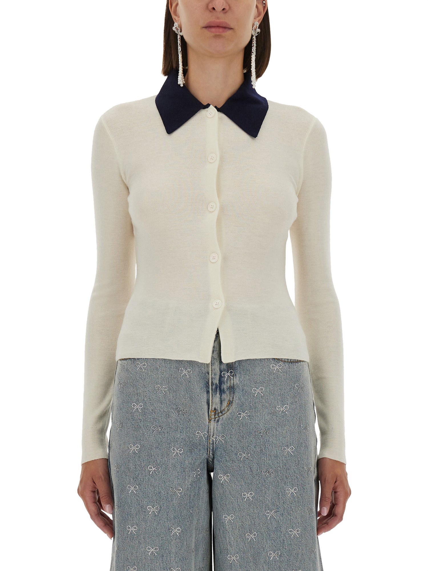 Self-portrait Button-front Cream Merino Wool Cardigan With Contrasting Collar In White