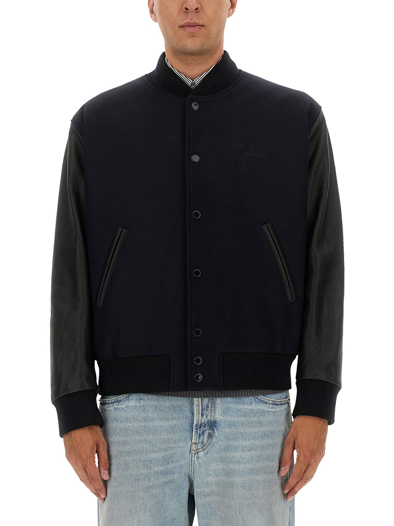 Golden Goose Wool Bomber Jacket And Leather Sleeves In Blue