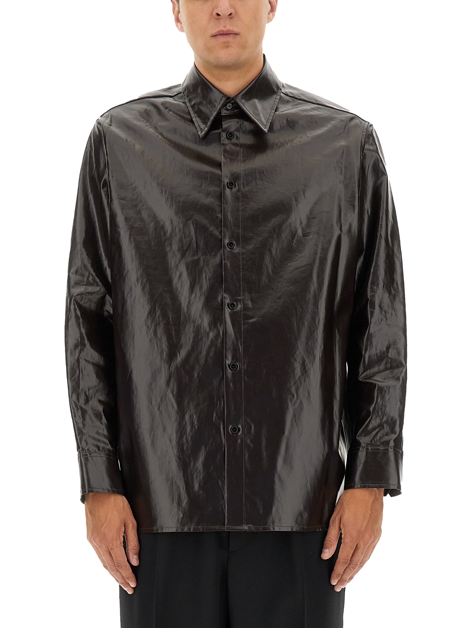 Mm6 Maison Margiela Long Sleeve Shiny Pointed Collar Shirt In Black