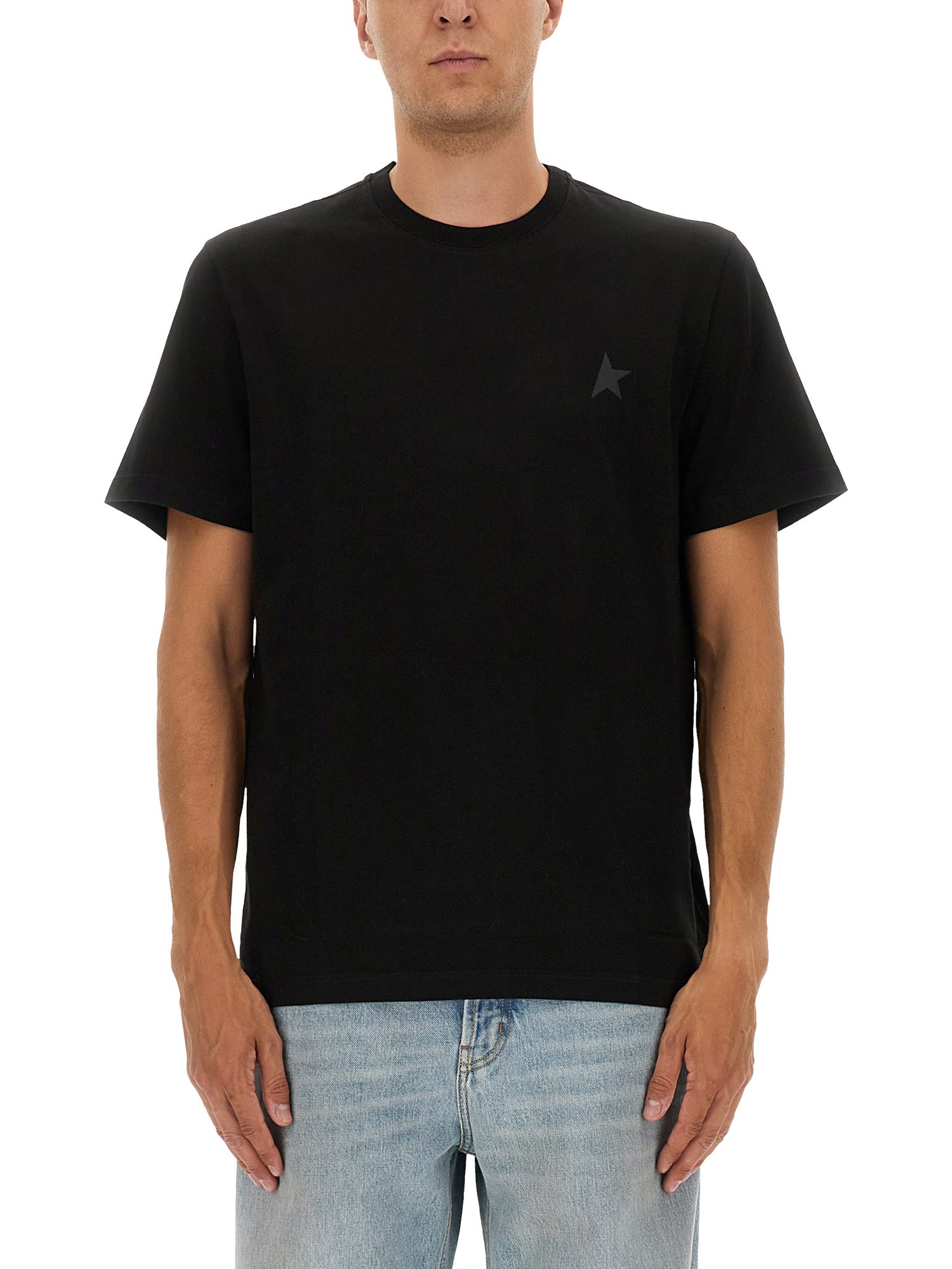 Golden Goose Men Black Crewneck T-shirt With Star Detail On The Front In Cotton Man In Black