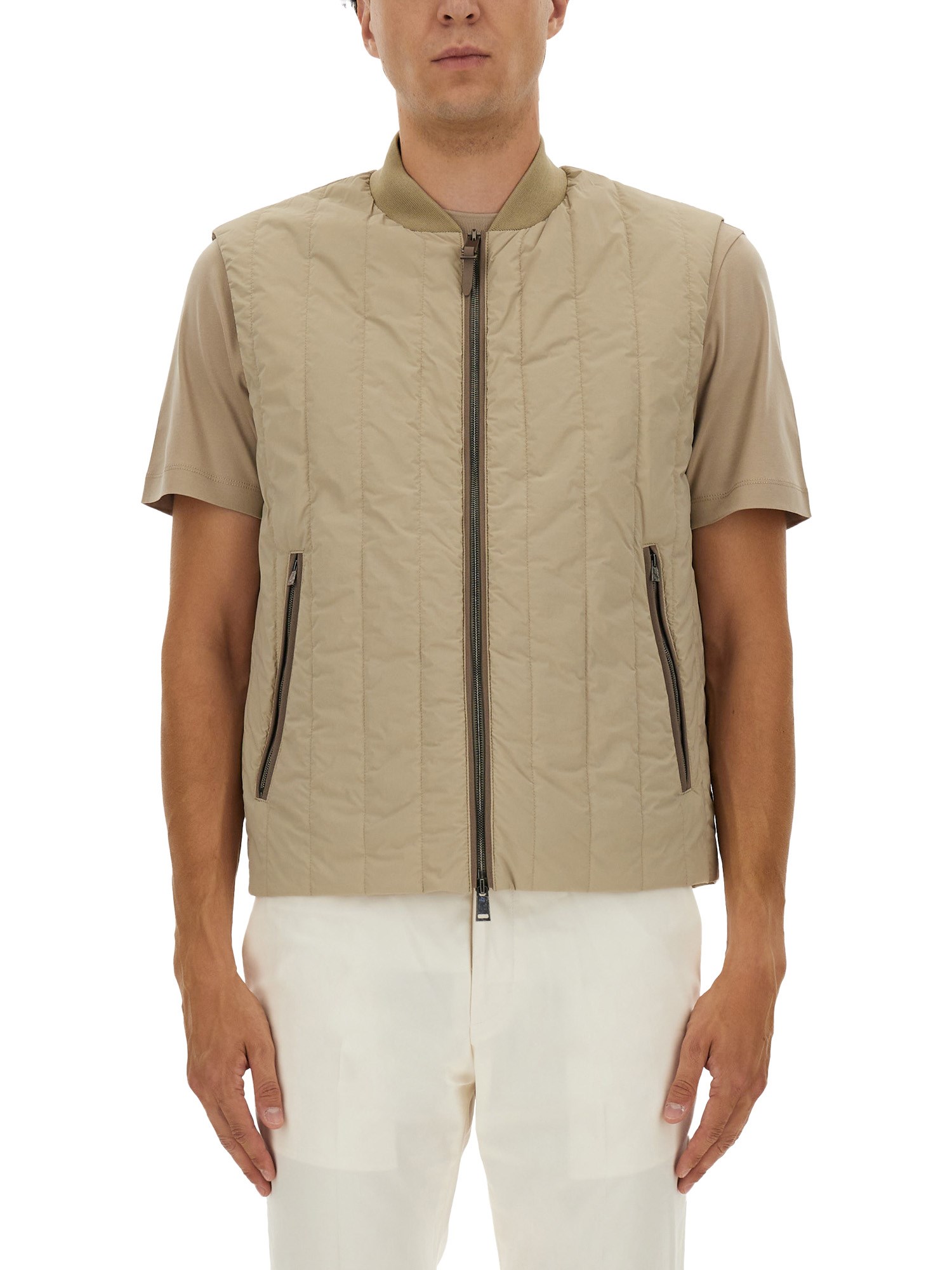 Hugo Boss Quilted Collar Vest Side Pockets In Sand