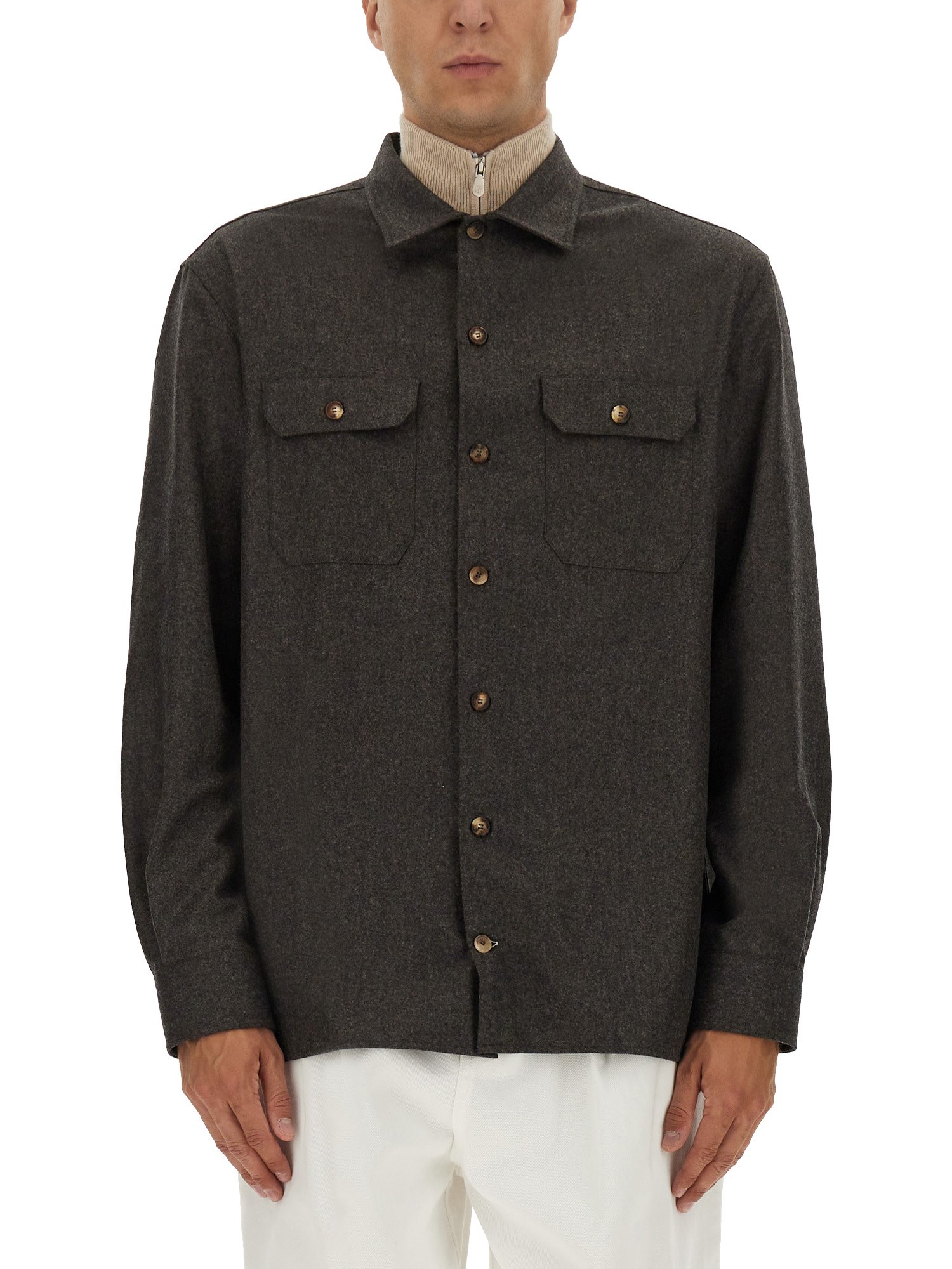 Brunello Cucinelli Virgin Wool Flannel Overshirt In Brown