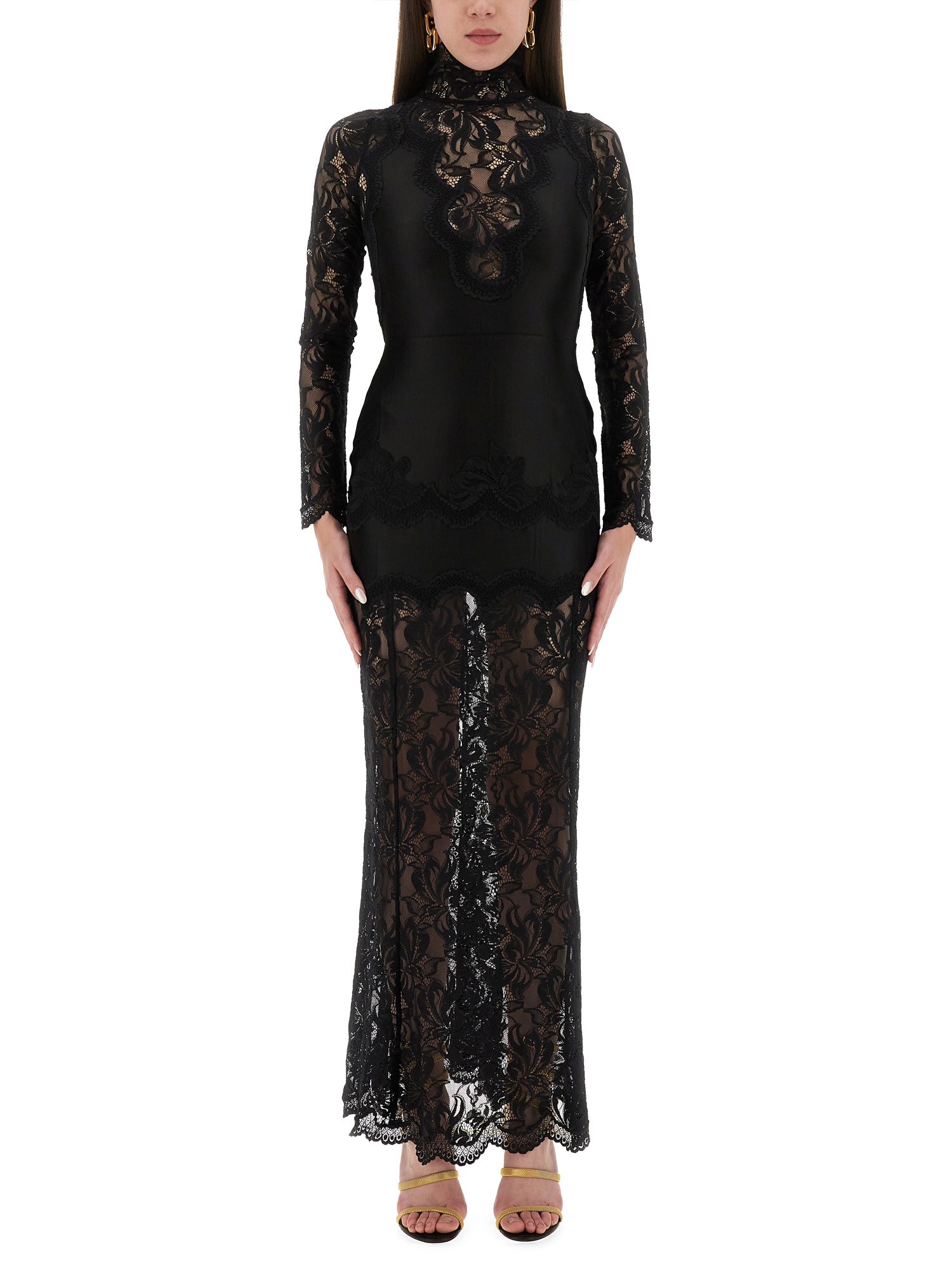 Rabanne Fitted Lace Dress With High Collar In Black