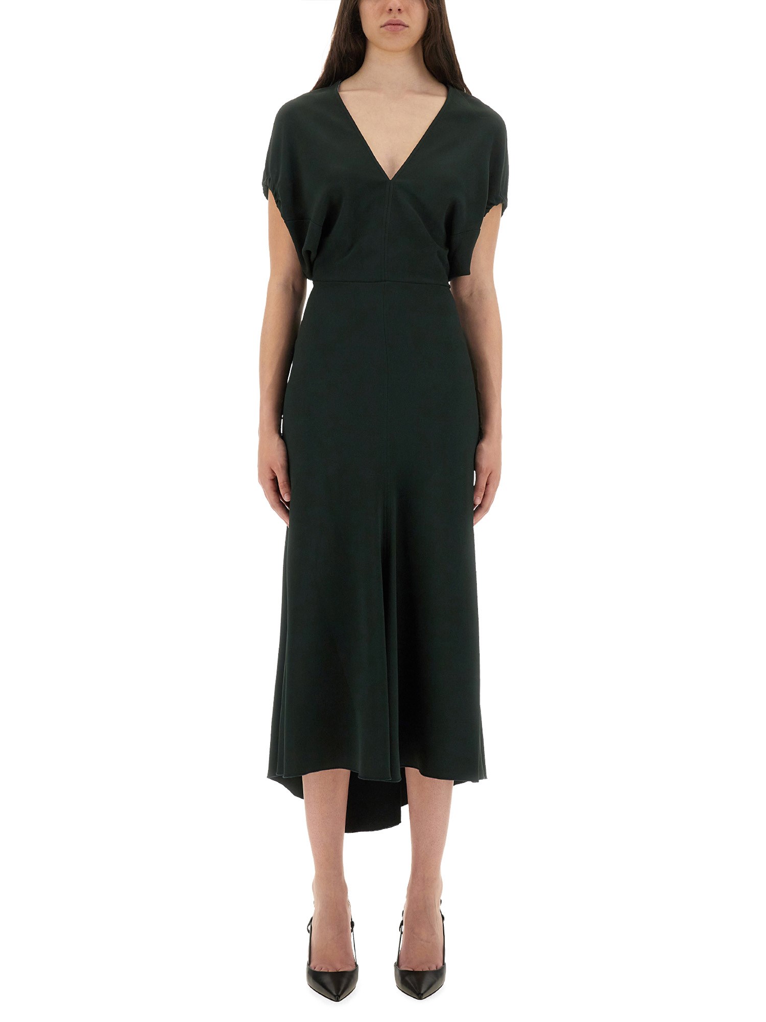 Victoria Beckham Green Midi Dress With Ruched Sleeves And V Neck In Green