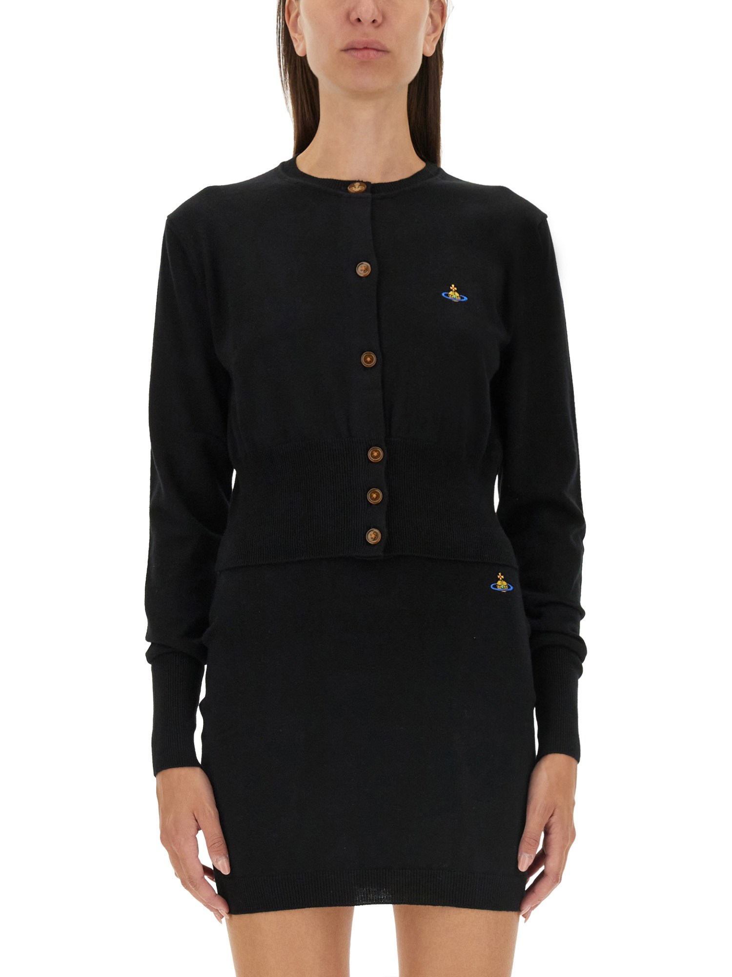 Vivienne Westwood Bea Black Cardigan With Orb Embroidery And Branded Button In Cotton And Cashmere Woman In Black