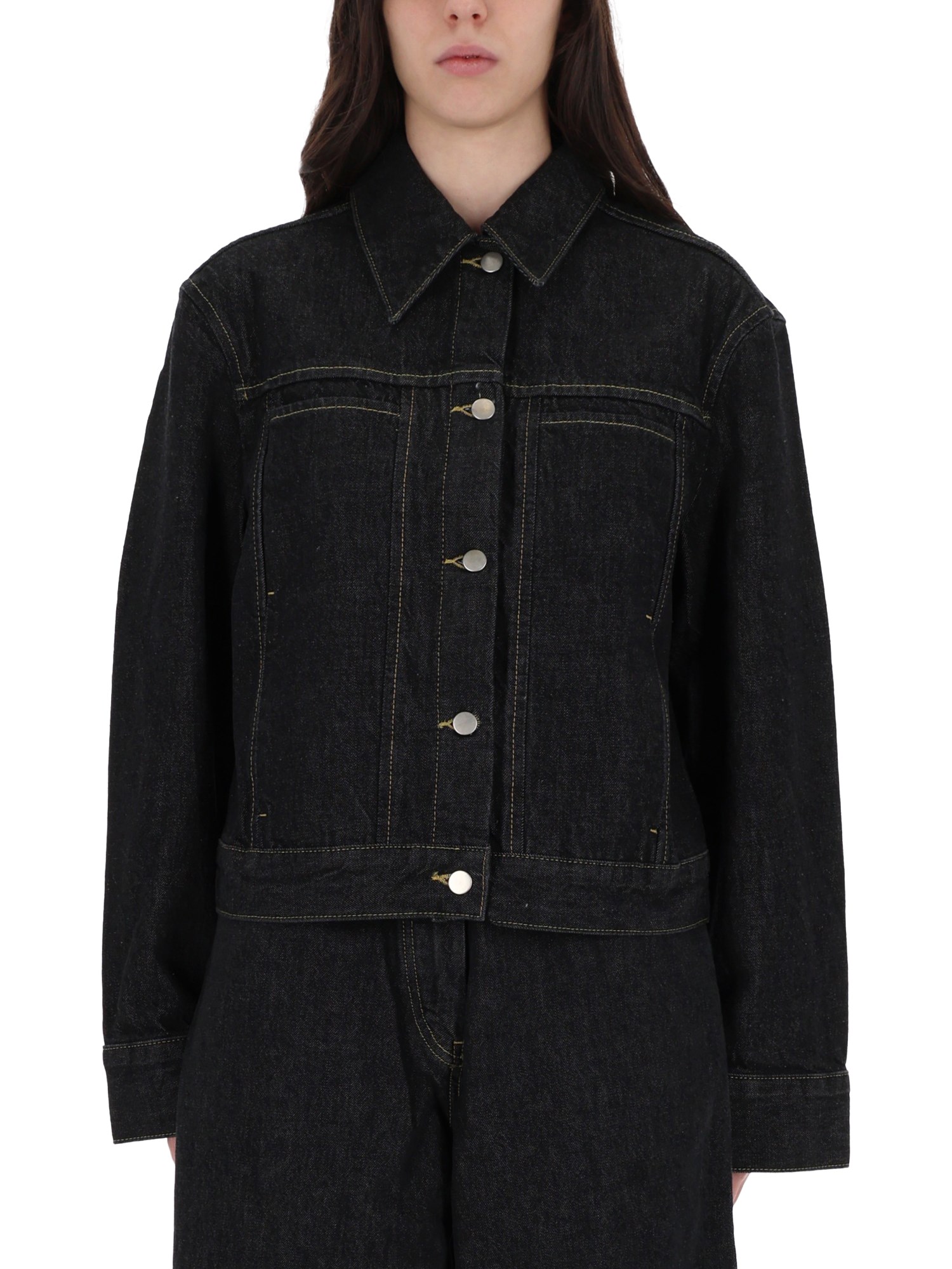 Studio Nicholson Collared Jacket With Contrast Stitching And Pockets In Black