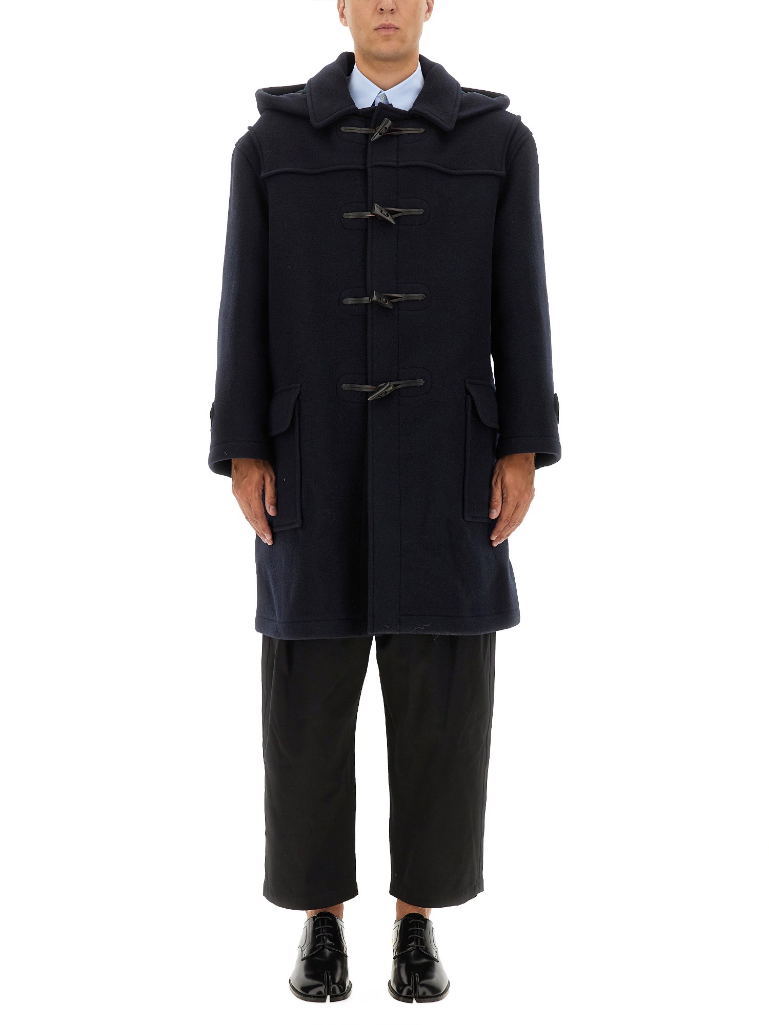 Maison Margiela Long Hooded Coat Featuring Button Front In Blue
