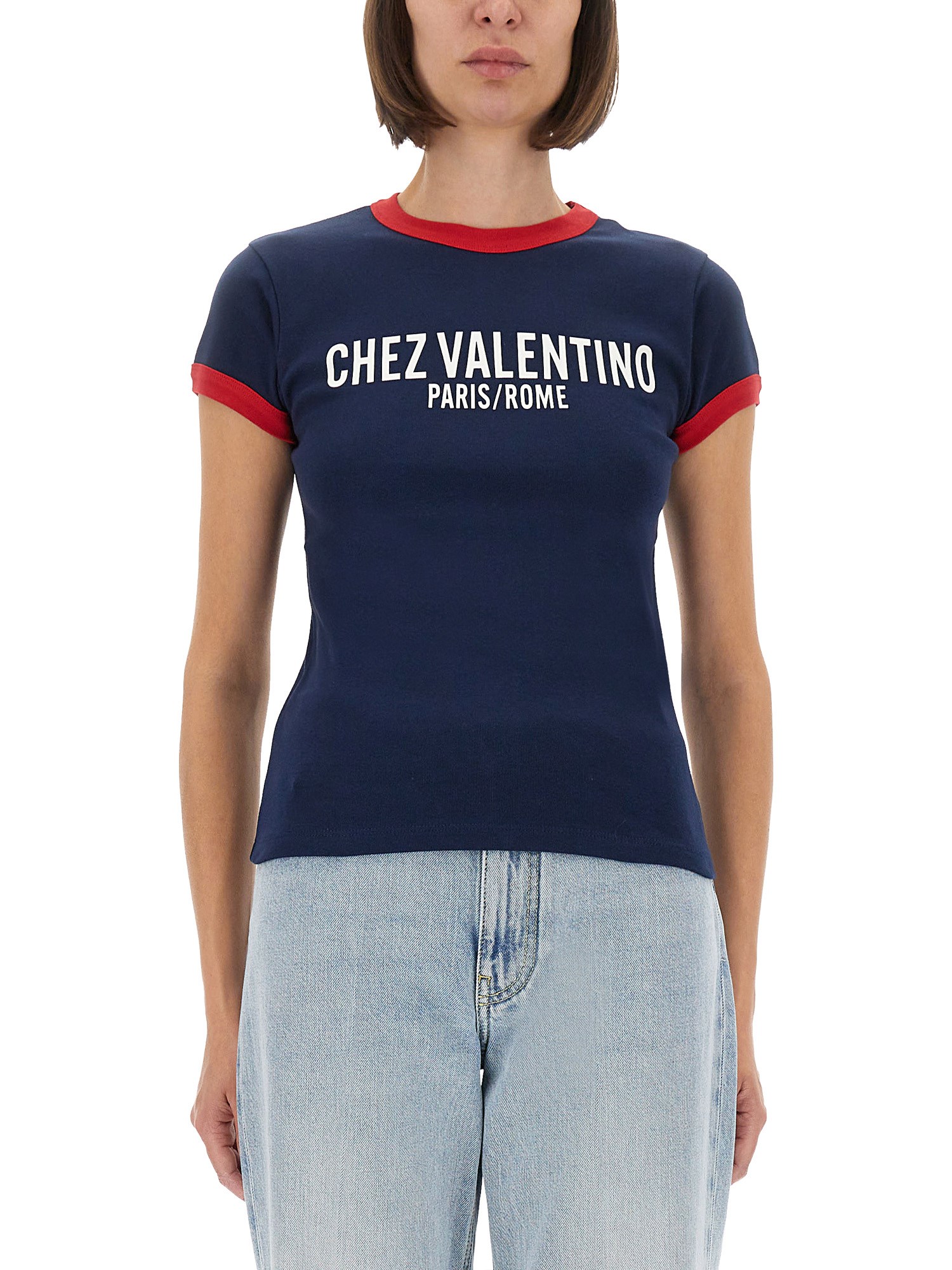 Valentino Crew Neck Cotton T-shirt With Contrast Trim In Blue