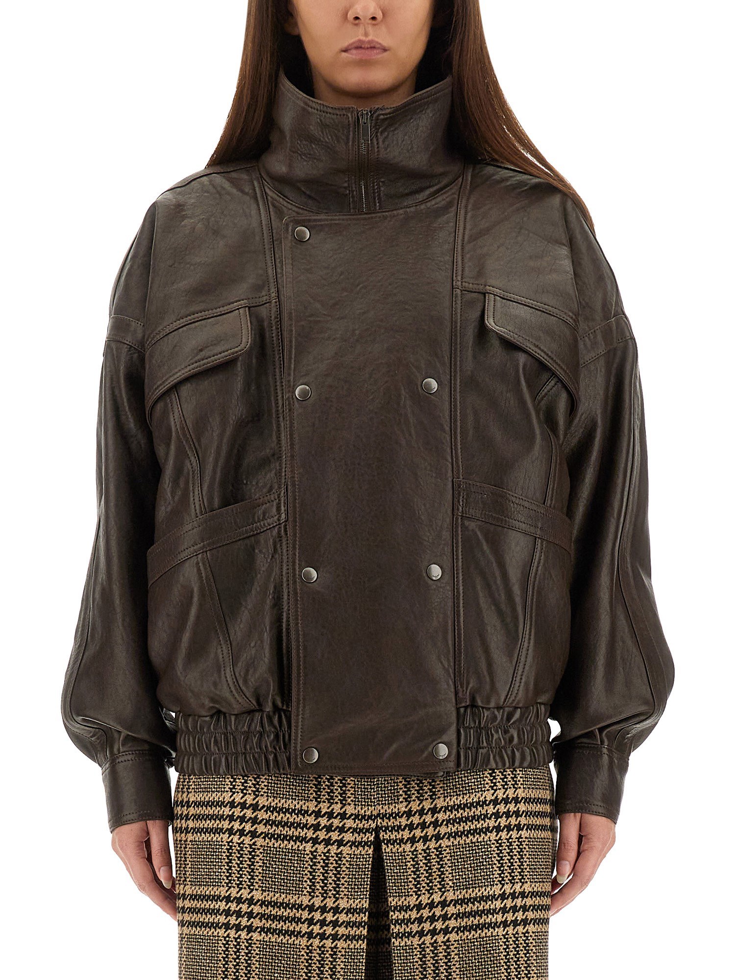 Saint Laurent Brown Bomber Jacket With Mandarin Collar And Elastic Waist In Leather Woman In Black