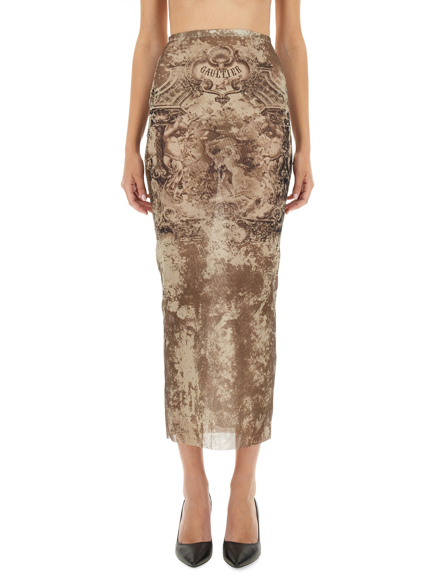 Jean Paul Gaultier Sheer Overlay Sleeveless Midi Skirt In Brown