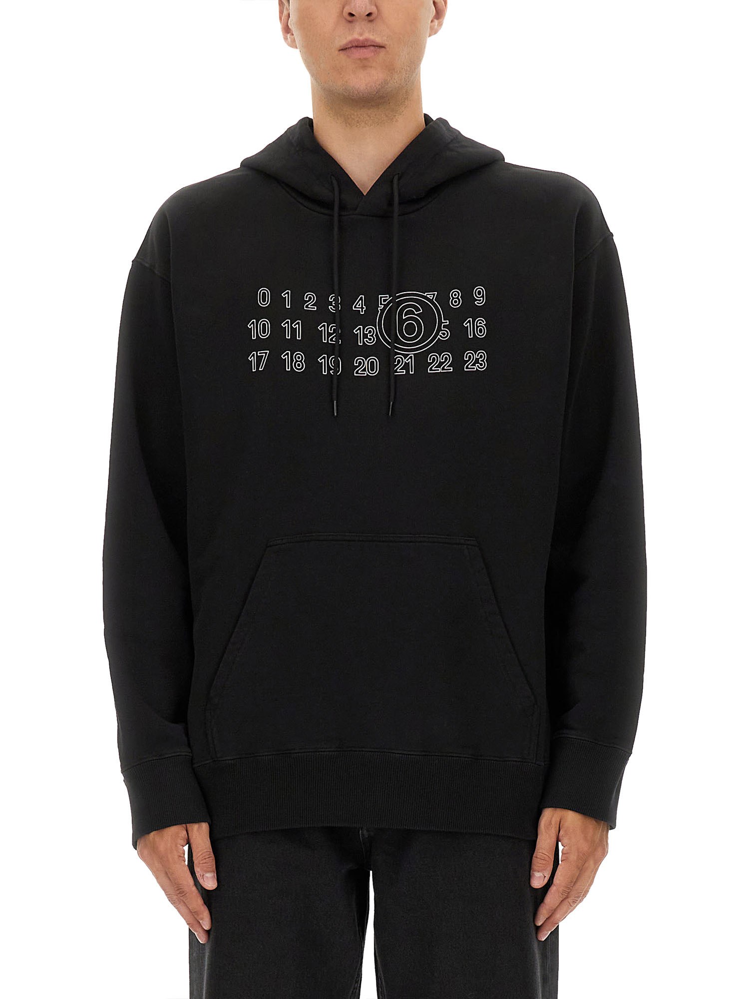 Mm6 Maison Margiela Numeric Print Black Hoodie With Front Kangaroo Pocket In Black