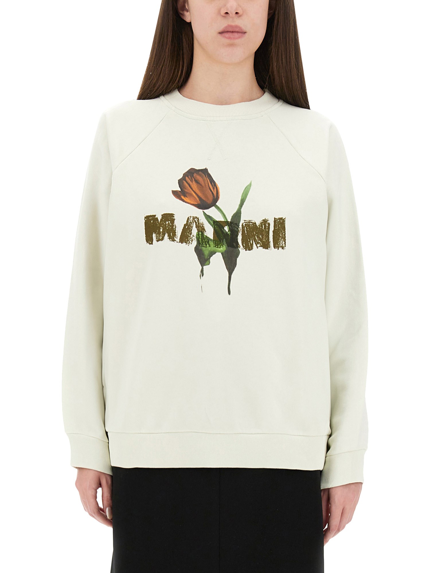 Marni White Cotton Sweatshirt With Tulip Print In White