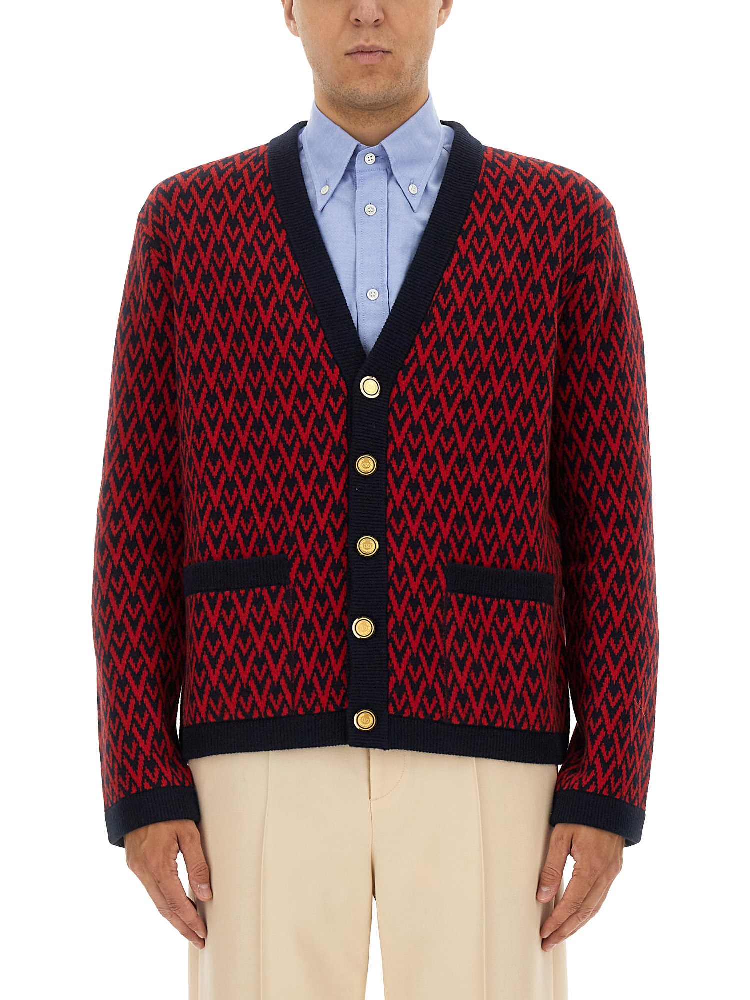 Valentino Garavani Patterned-intarsia Wool Cardigan In Red