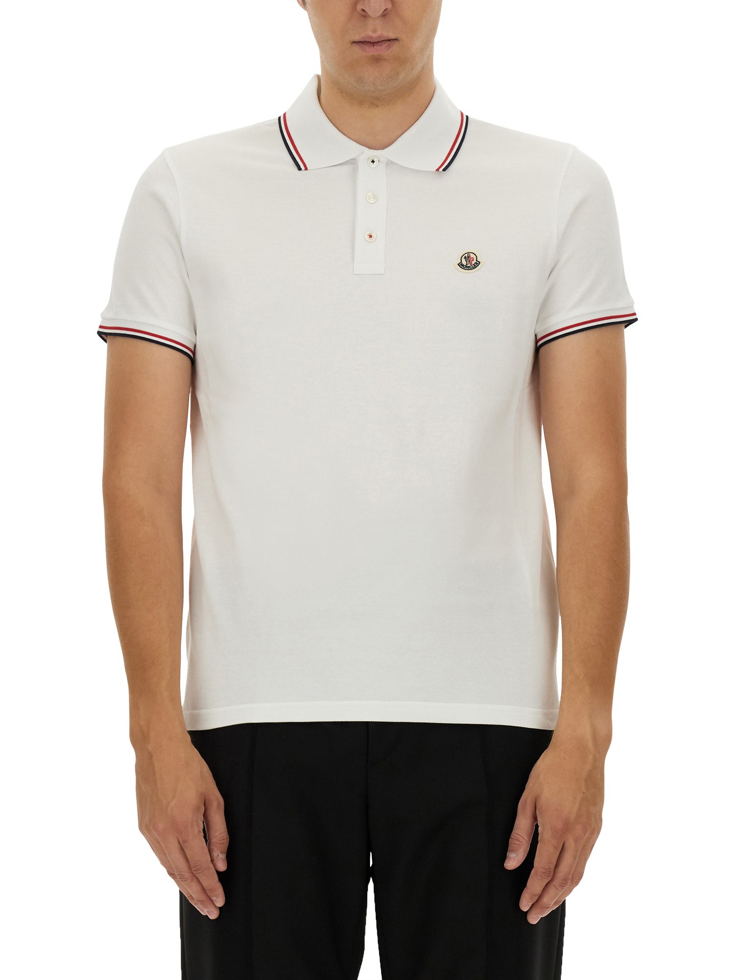 Moncler Classic White Cotton Polo With Signature Tri-color Trim In White