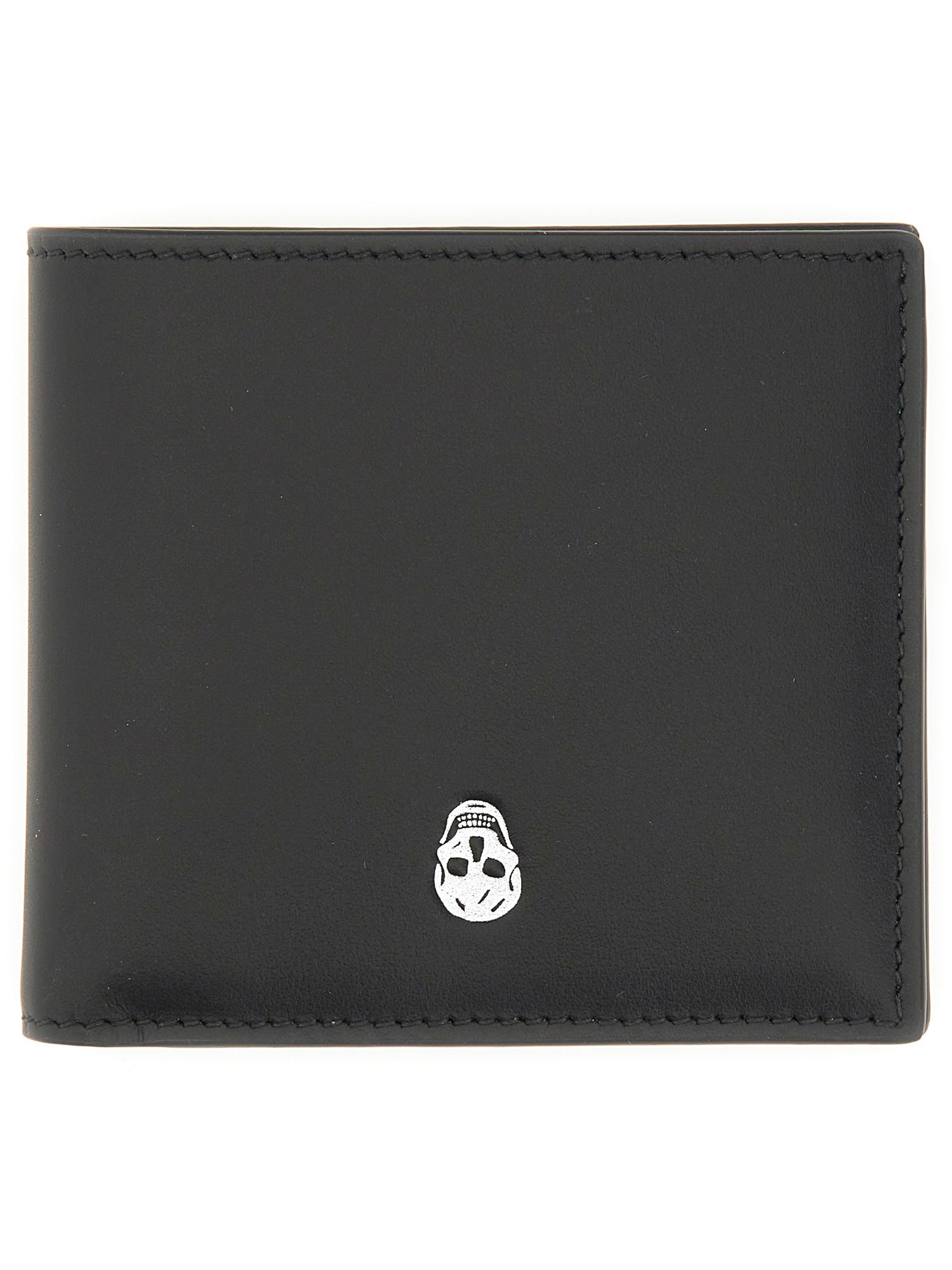 Alexander Mcqueen Calfskin Skull Bifold Card Holder In Black