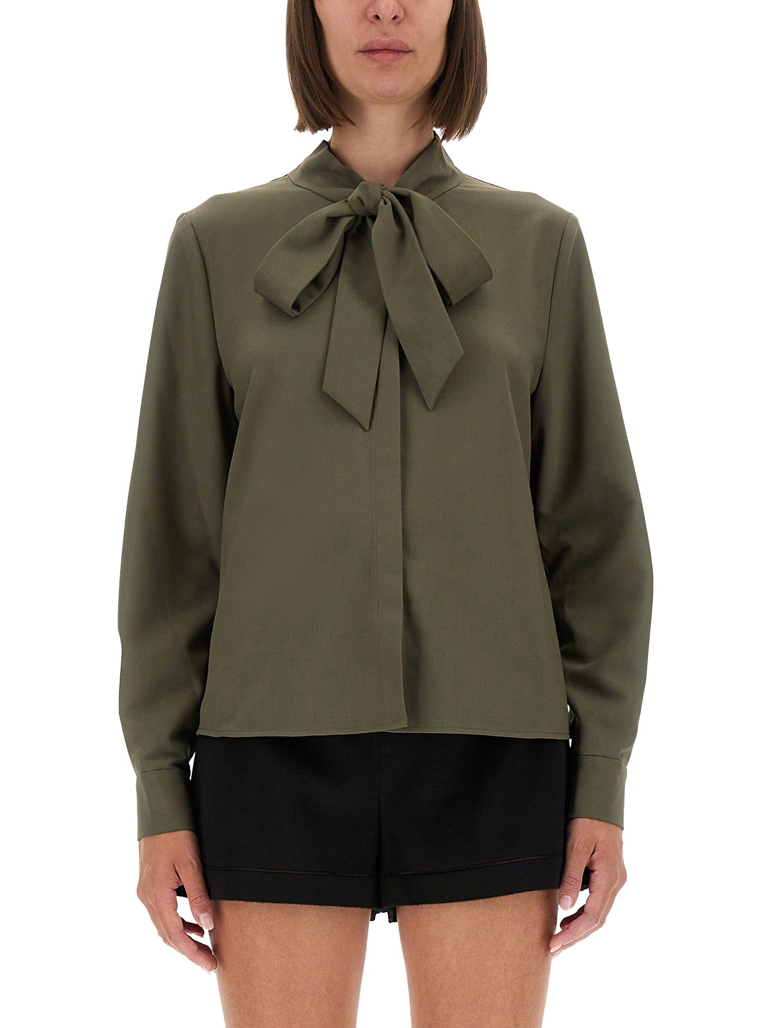Self-portrait Twill Shirt With Bow In Green