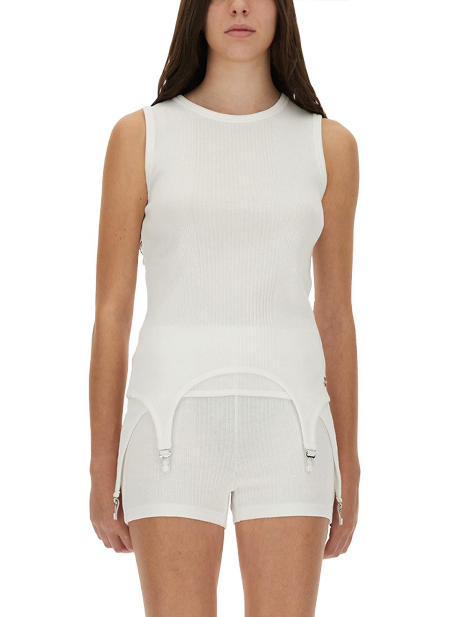 Jean Paul Gaultier Sleeveless Ribbed Knit Top With Garter Hem Detail In White