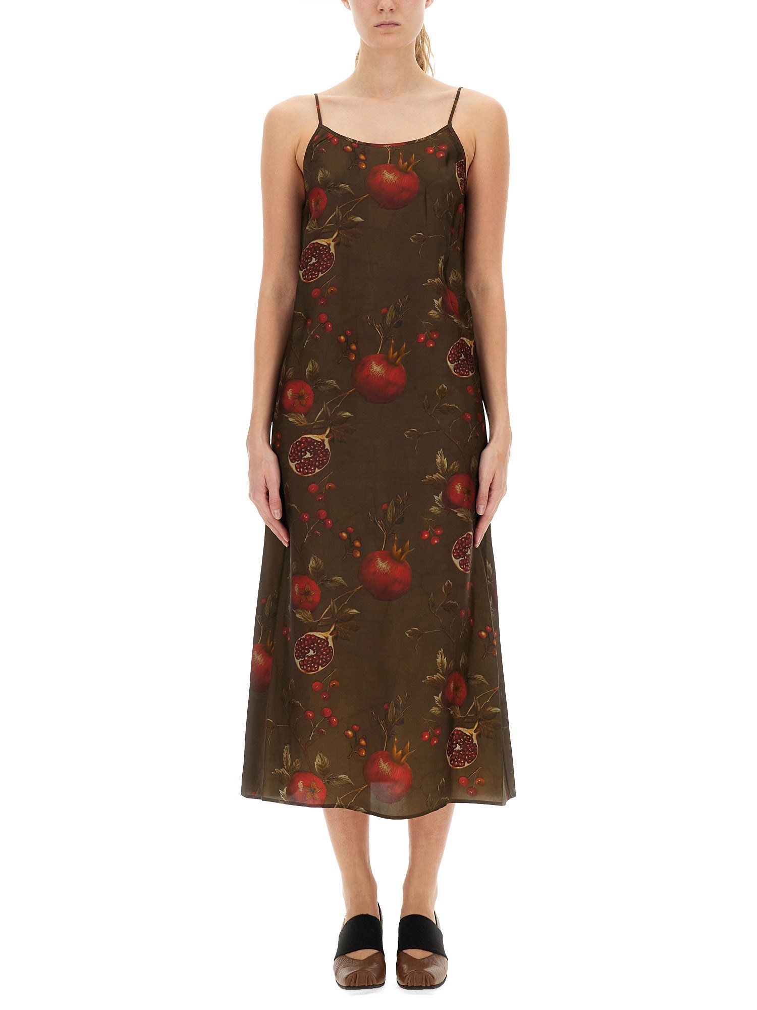 Uma Wang Floral Printed Midi Dress With Adjustable Straps In Brown