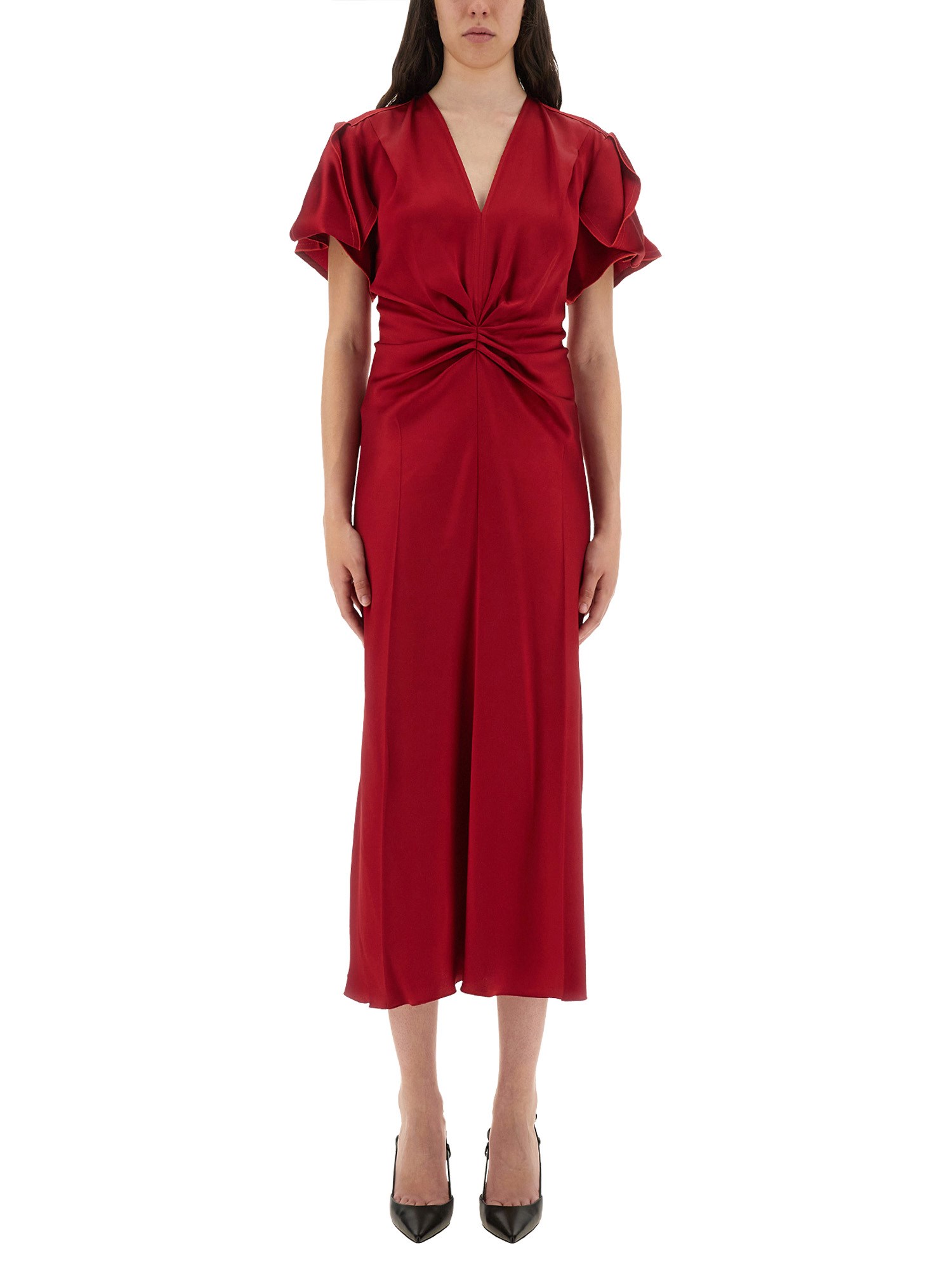 Victoria Beckham V-neck Fitted Waistline Dress With Concealed Zip In Red