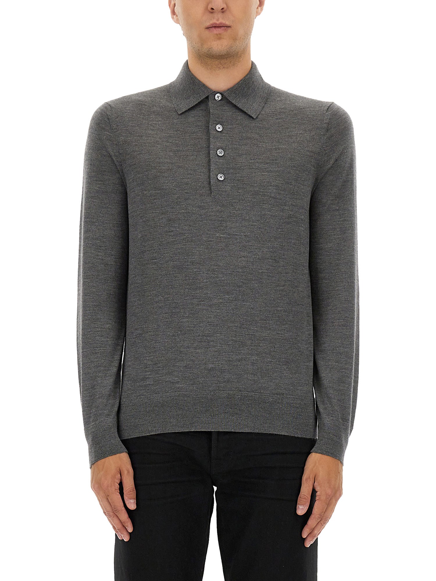 Tom Ford Grey Long-sleeved Polo Shirt With Classic Collar And Refined Trim In Gray