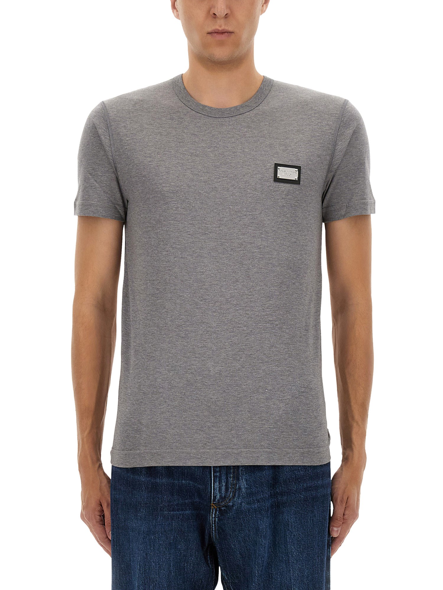 Dolce & Gabbana Grey Crewneck T-shirt With Logo Plaque
