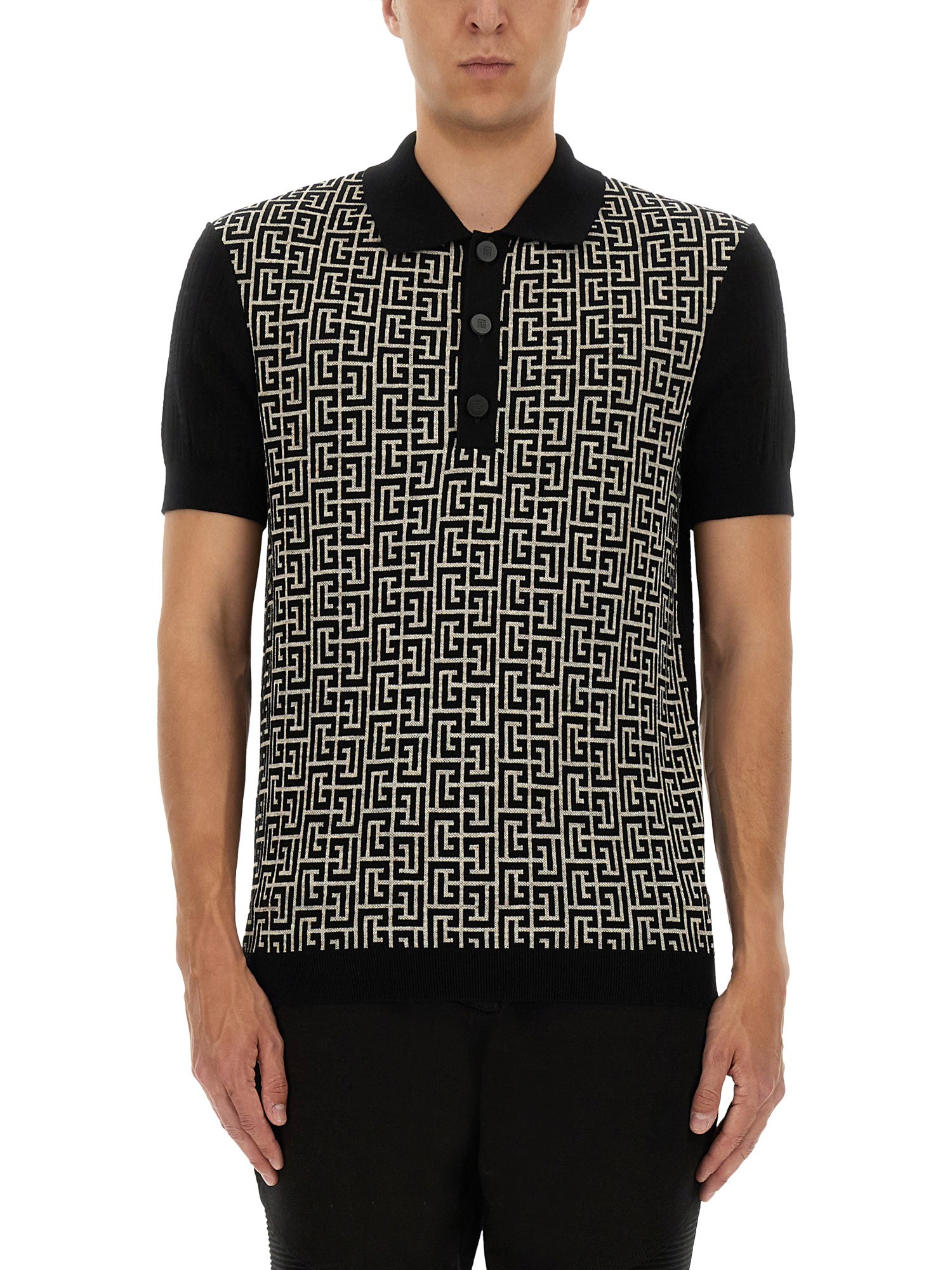 Balmain Monogram Pattern Polo With Classic Collar In Black