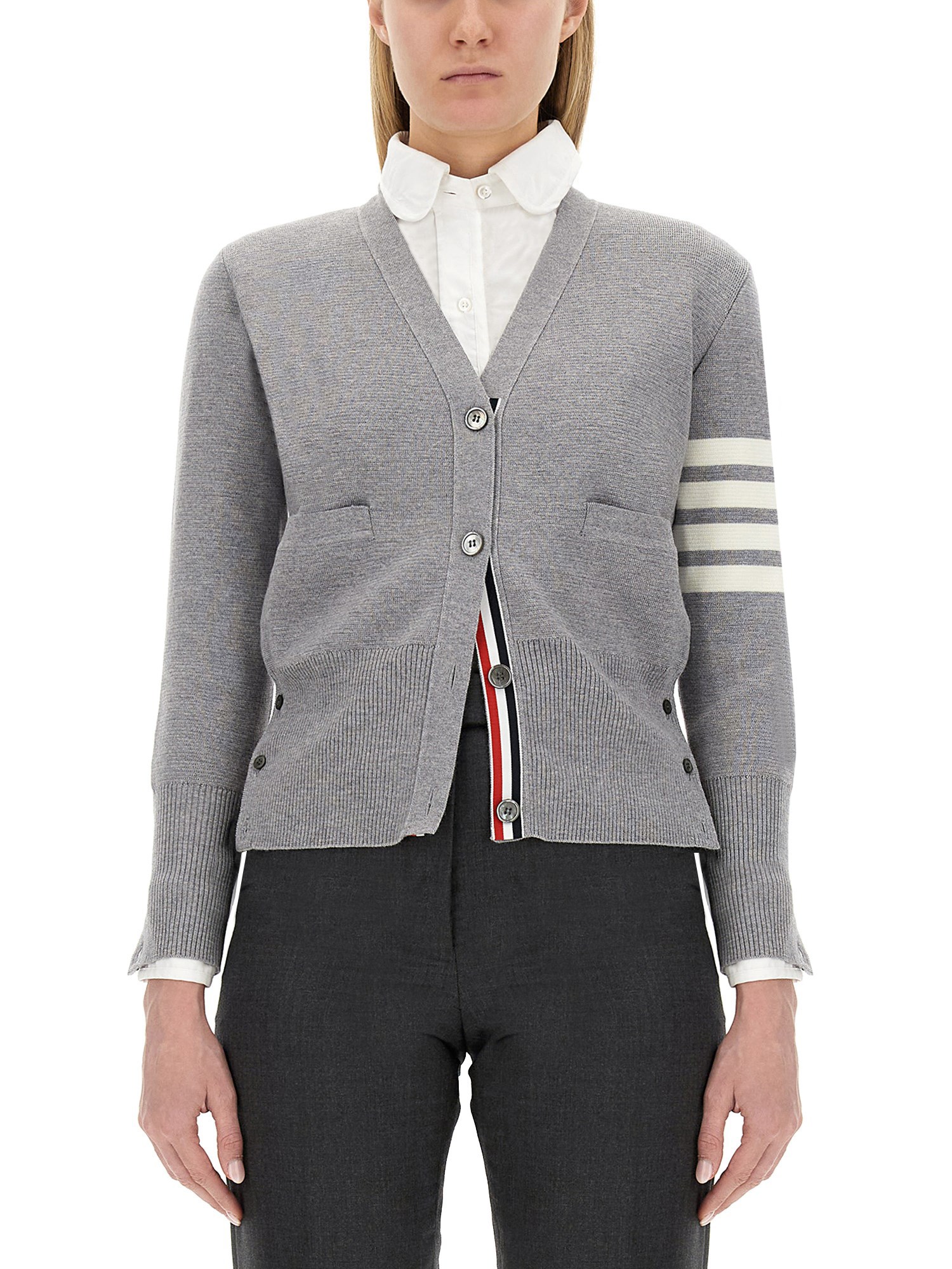Thom Browne V-neck Grey Virgin Wool Cardigan In Gray