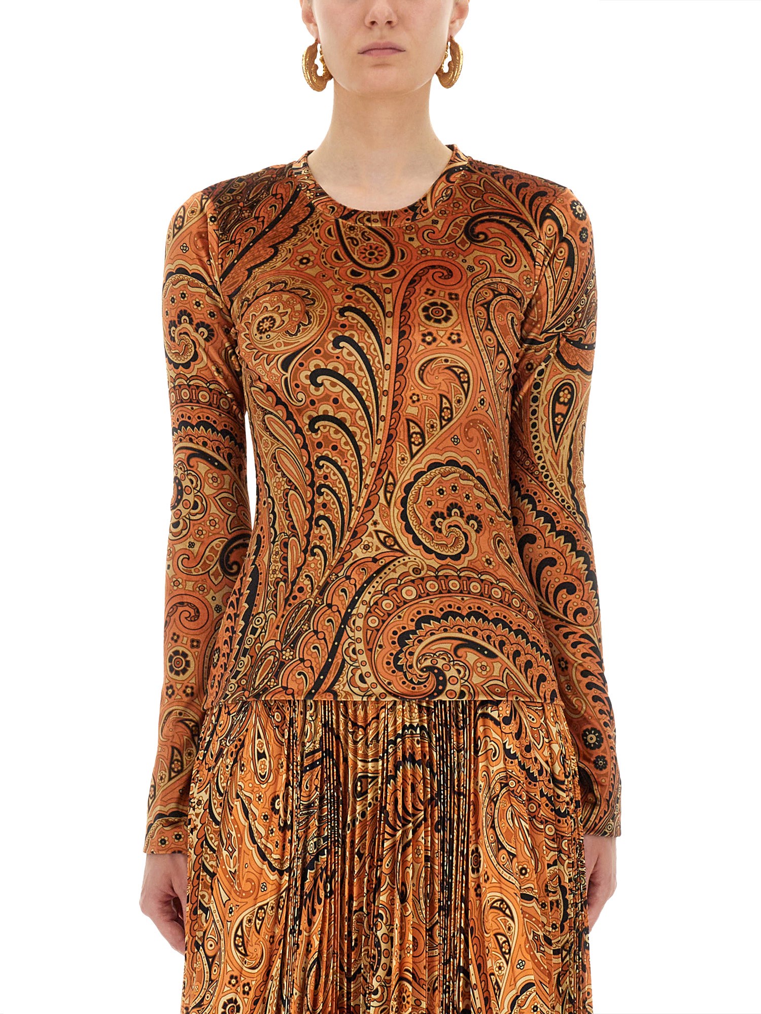 Etro Fitted Paisley Pattern Pleated Midi Top In Orange