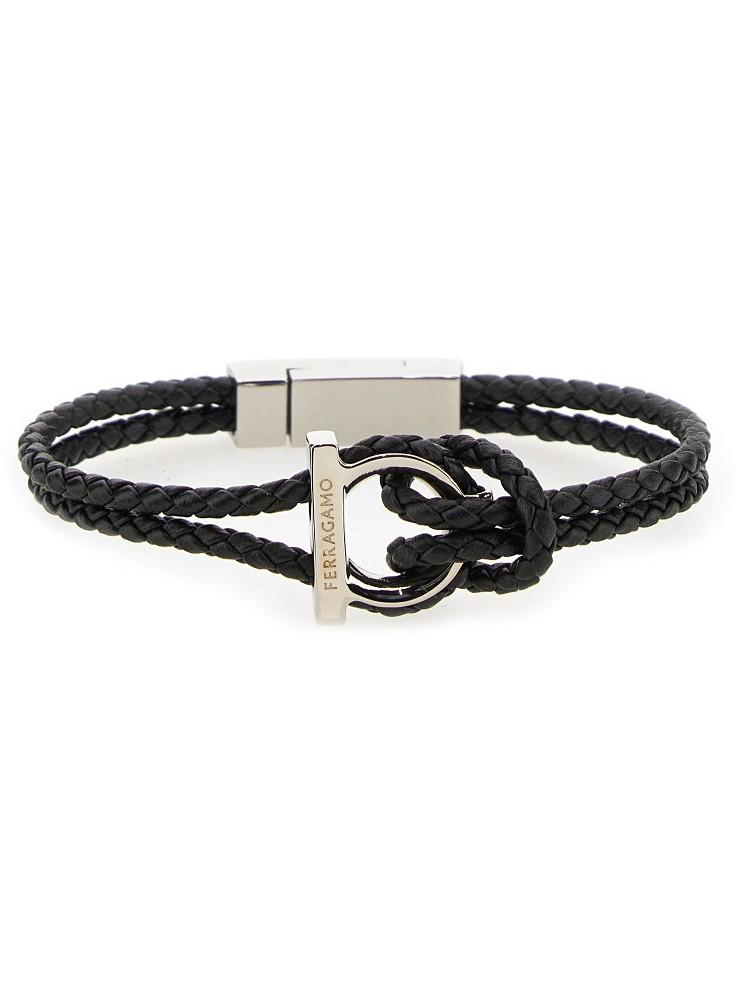 Ferragamo Gancini Braided Leather Bracelet In Black