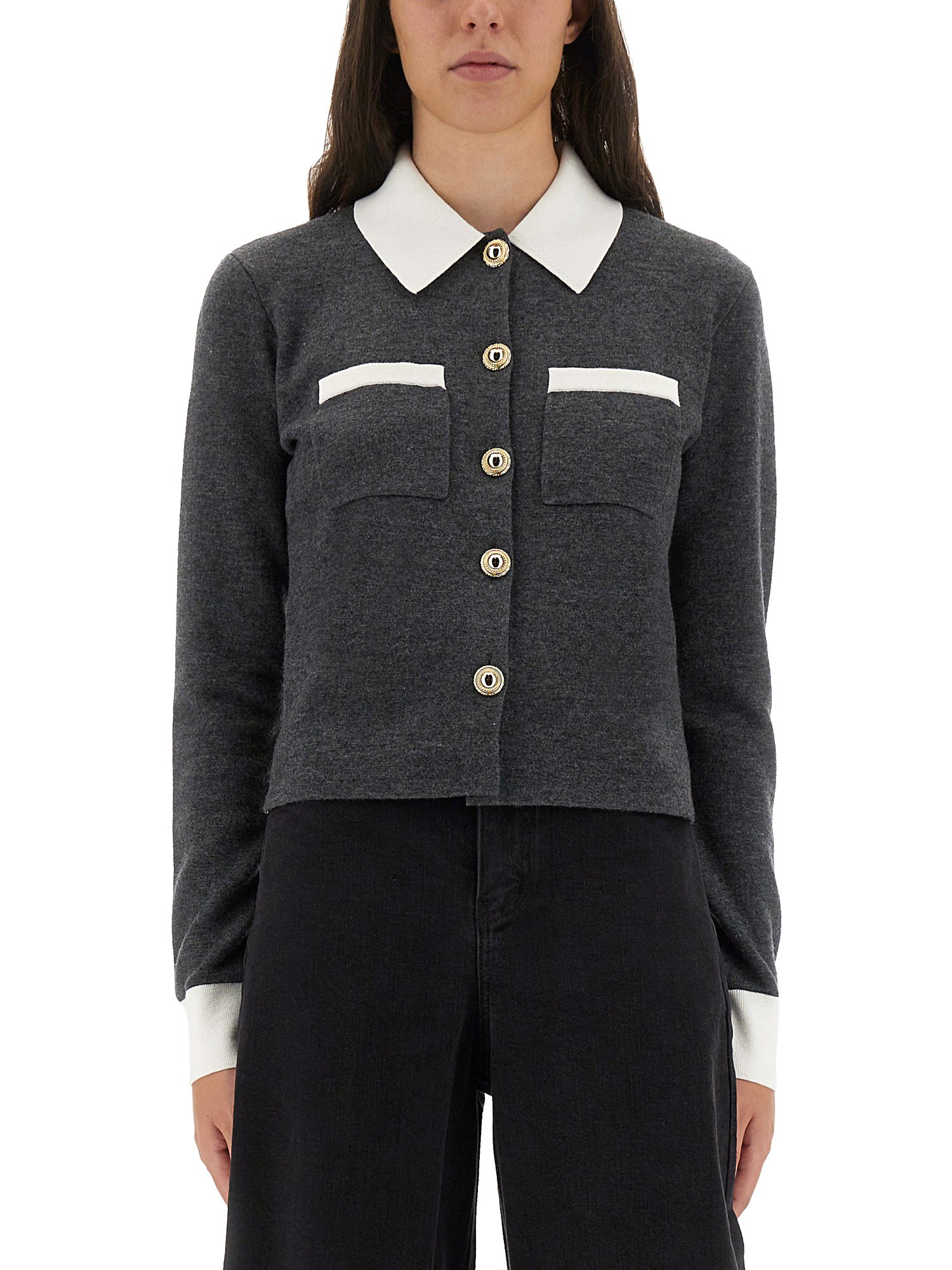 Self-portrait Contrast Collar Wool Blend Cardigan In Gray
