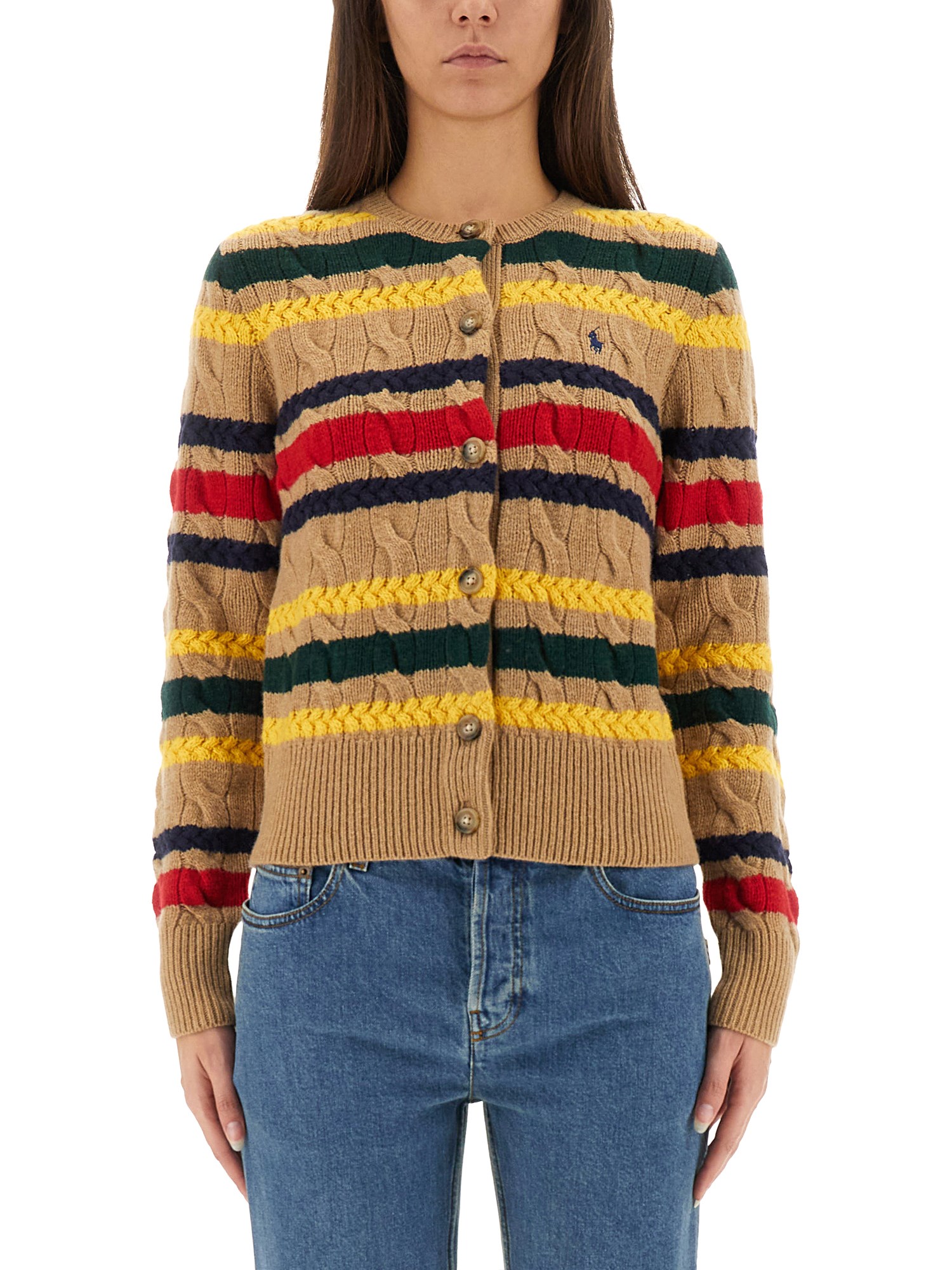 Polo Ralph Lauren Striped Cable Knit Cardigan With Ribbed Cuffs And Hem In Multi