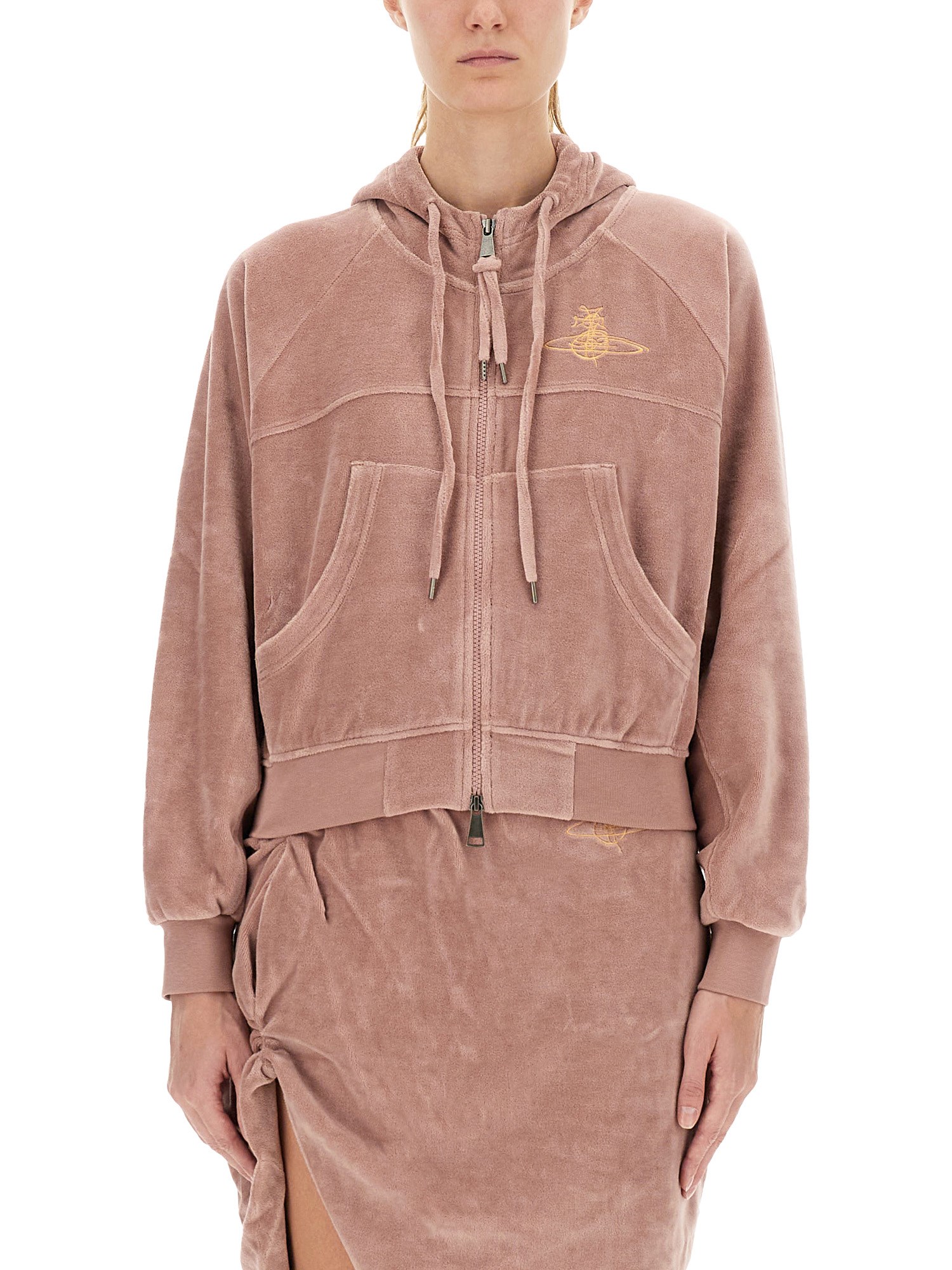 Vivienne Westwood Velvet Textured Zip-up Hoodie With Drawstring Hood In Pink
