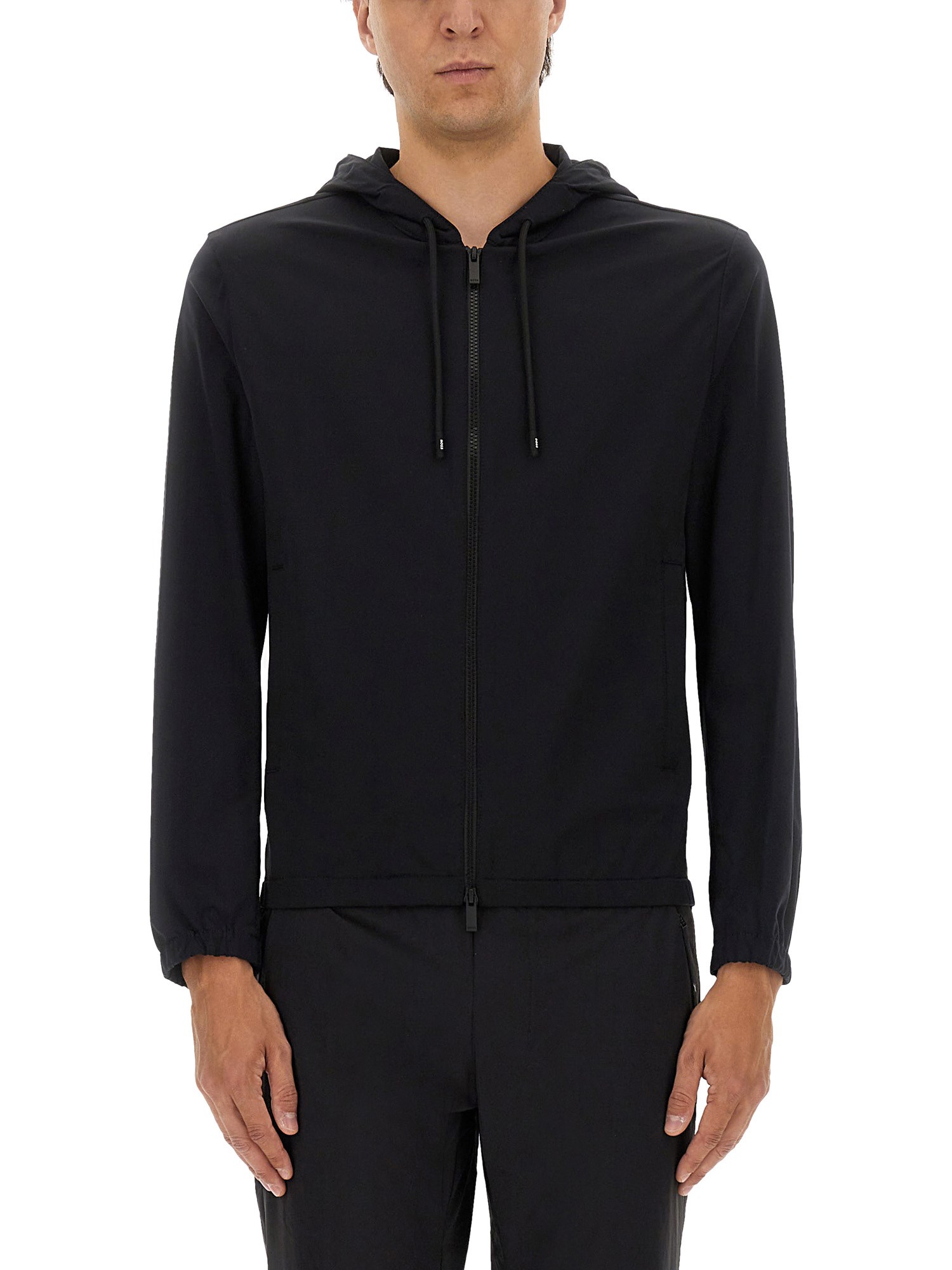 Hugo Boss Boss Minimalist Hooded Jacket With Zip Front And Elastic Cuffs In Black