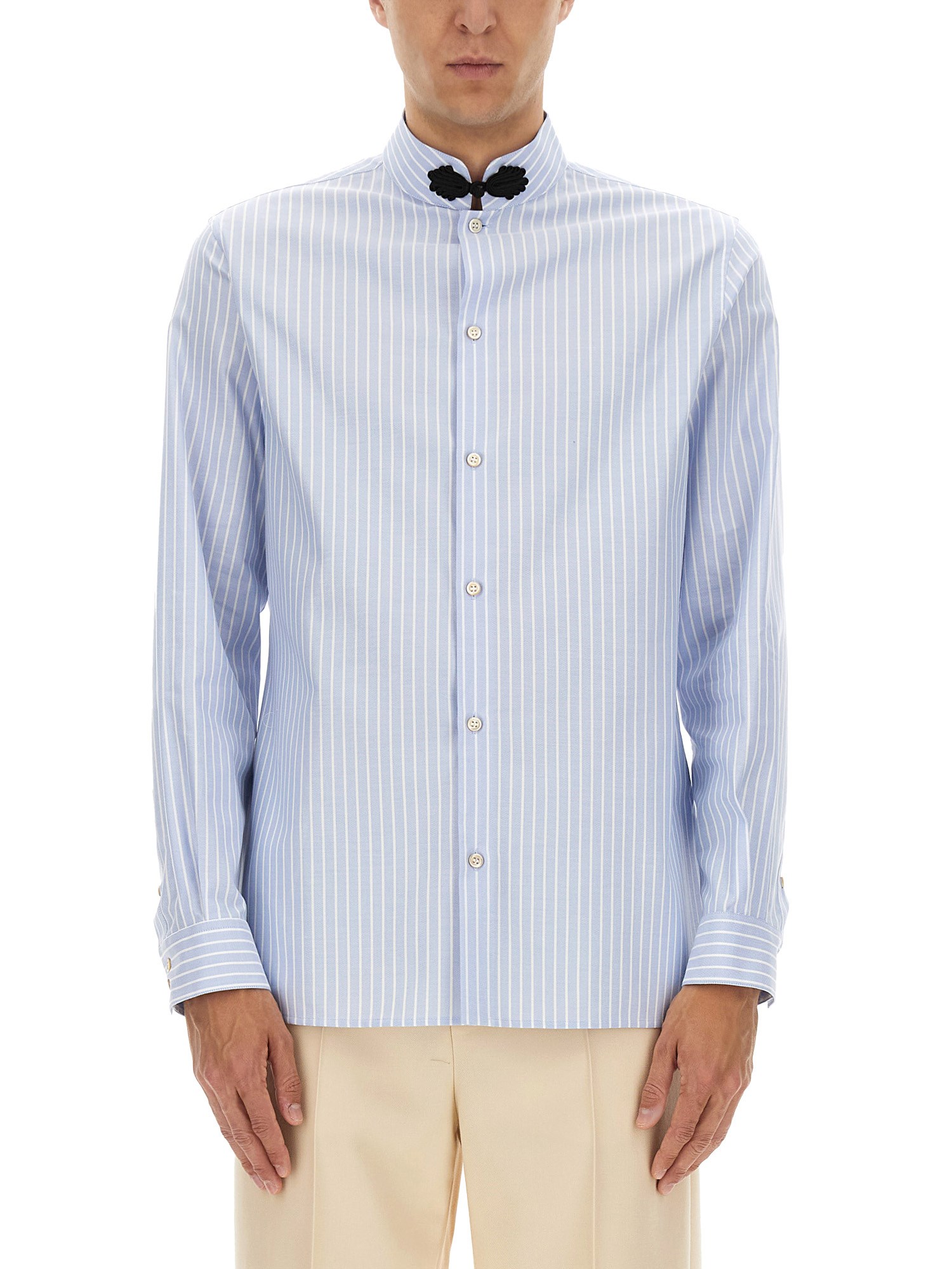Valentino Cotton Shirt With Striped Pattern And Embroidered Motif In Blue