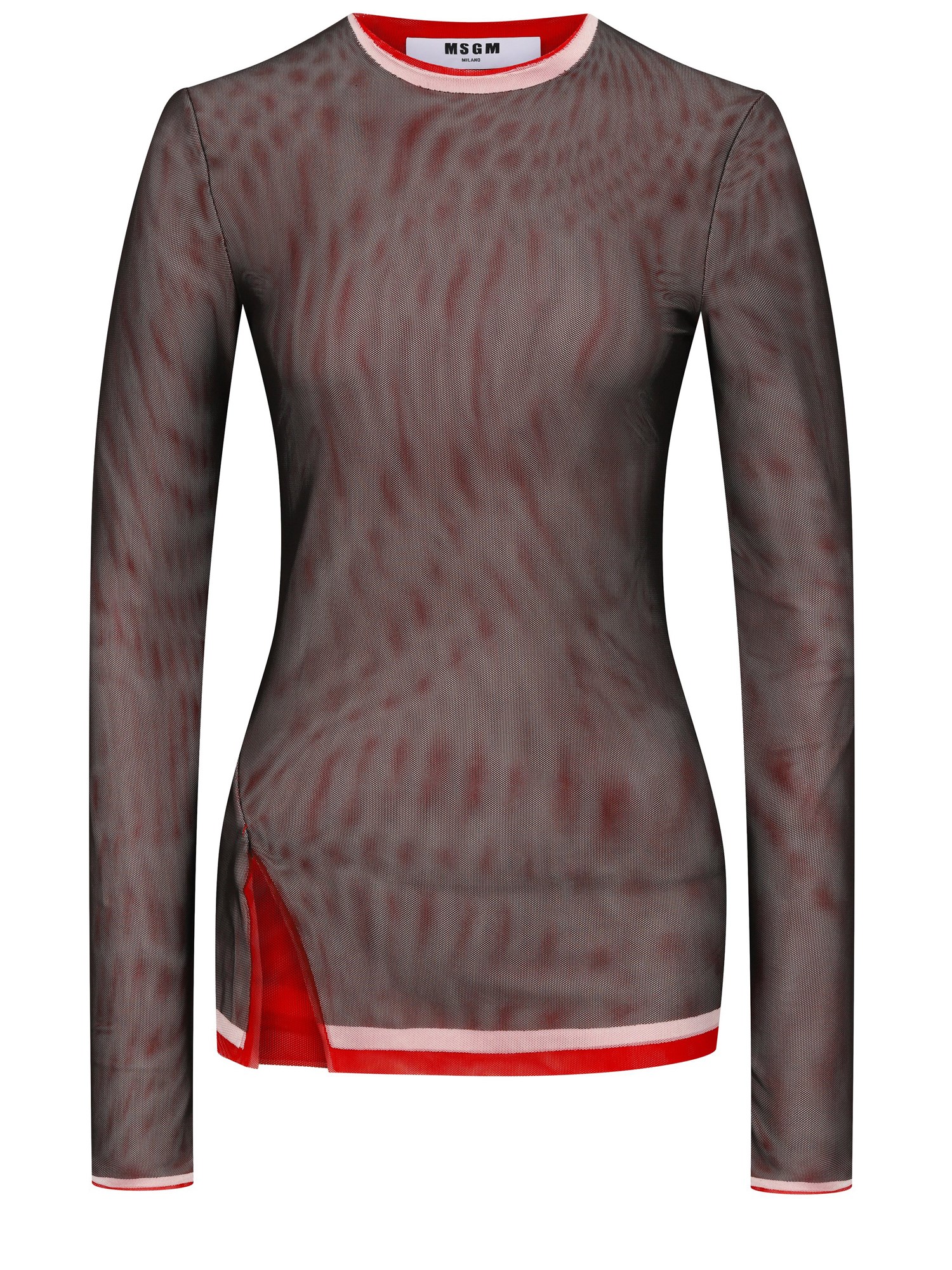 Msgm Black Crew Neck Blouse With Side Slit In Tech Fabric Woman In Multi