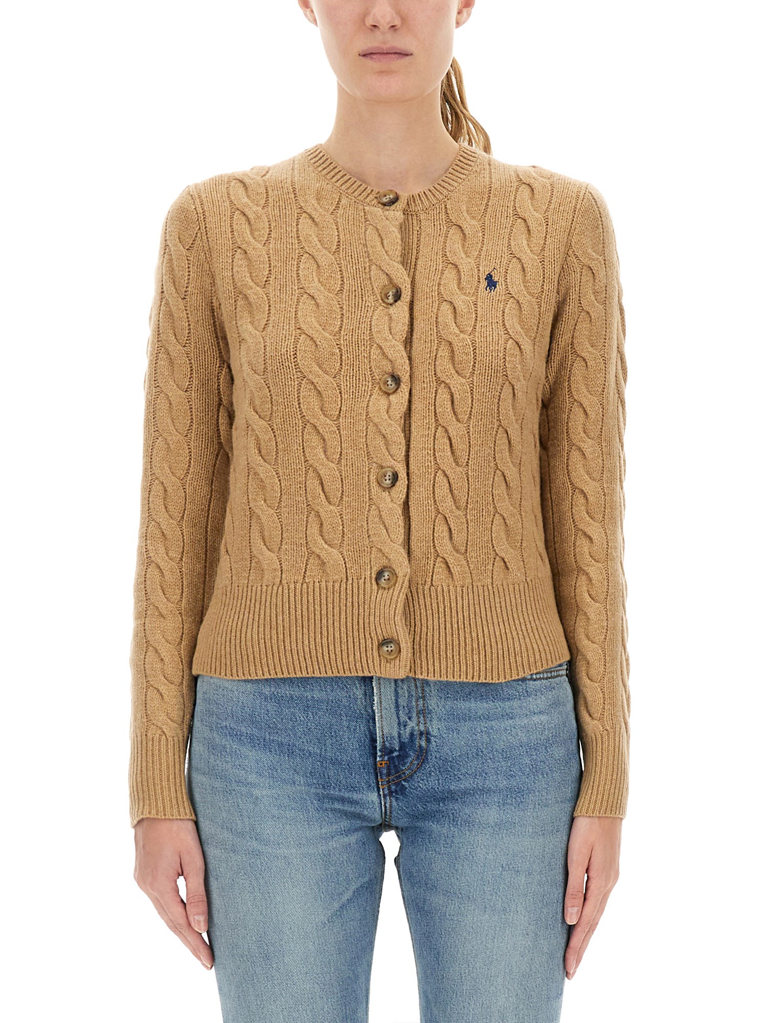 Polo Ralph Lauren Cropped Cable Knit Sweater With Button-down Front In Brown