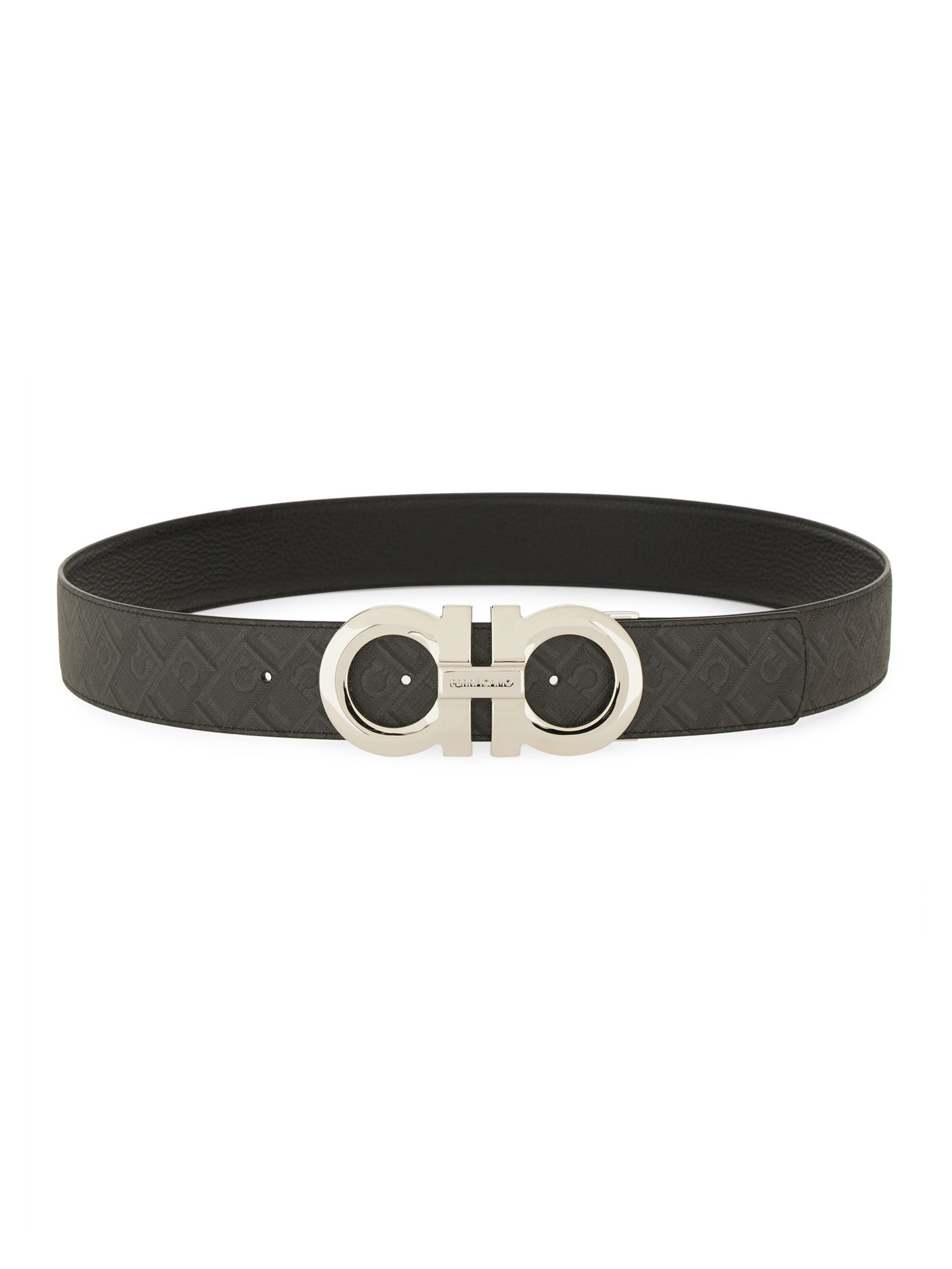 Ferragamo Embossed Pattern Metal Buckle Belt In Black