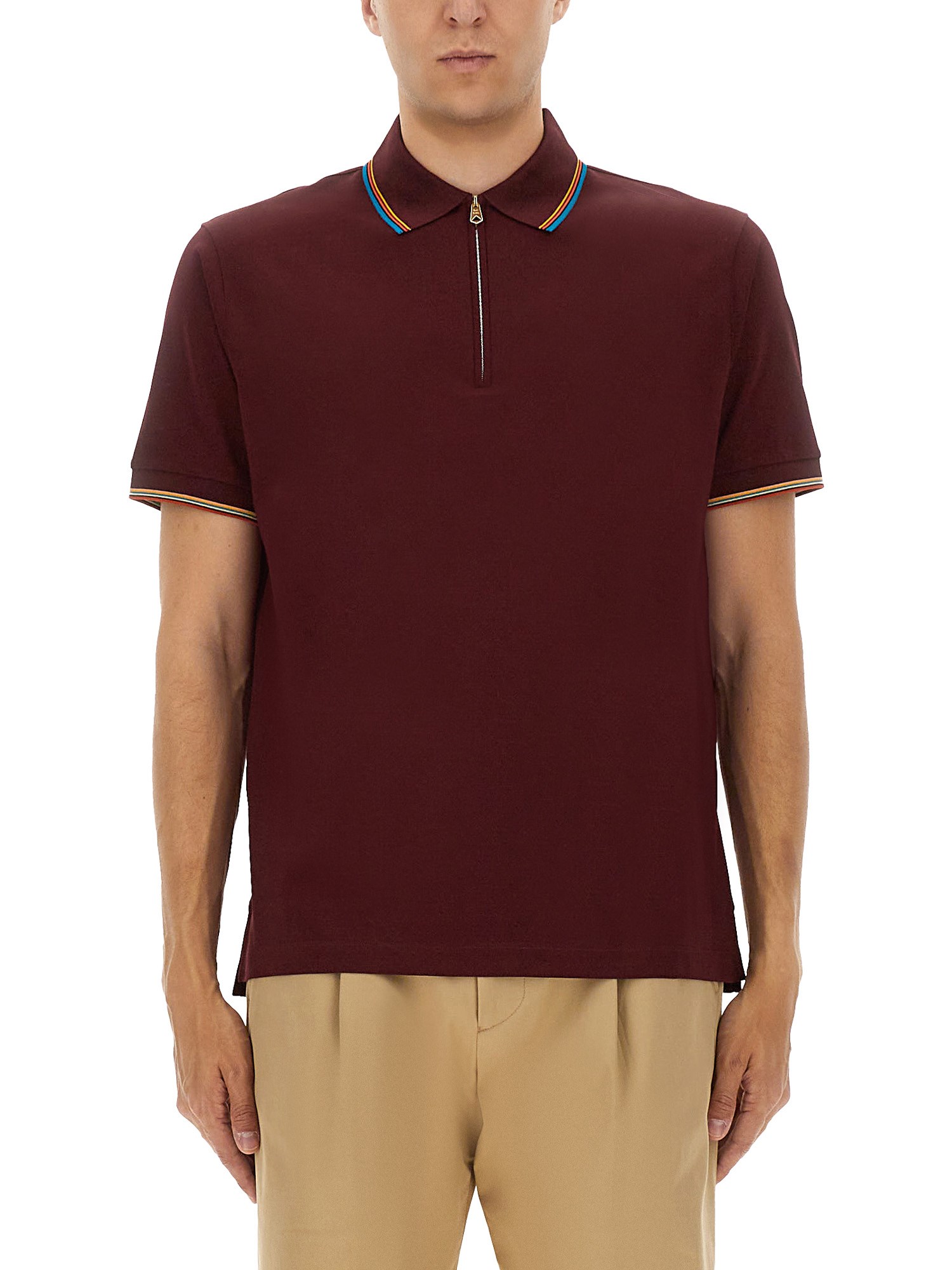 Paul Smith Signature Stripe Trim Zip Polo Shirt In Burgundy