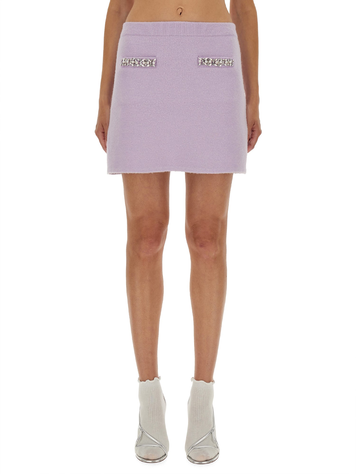 Self-portrait Knit Skirt With Crystal Embellishments And Elegant Silhouette In Pink