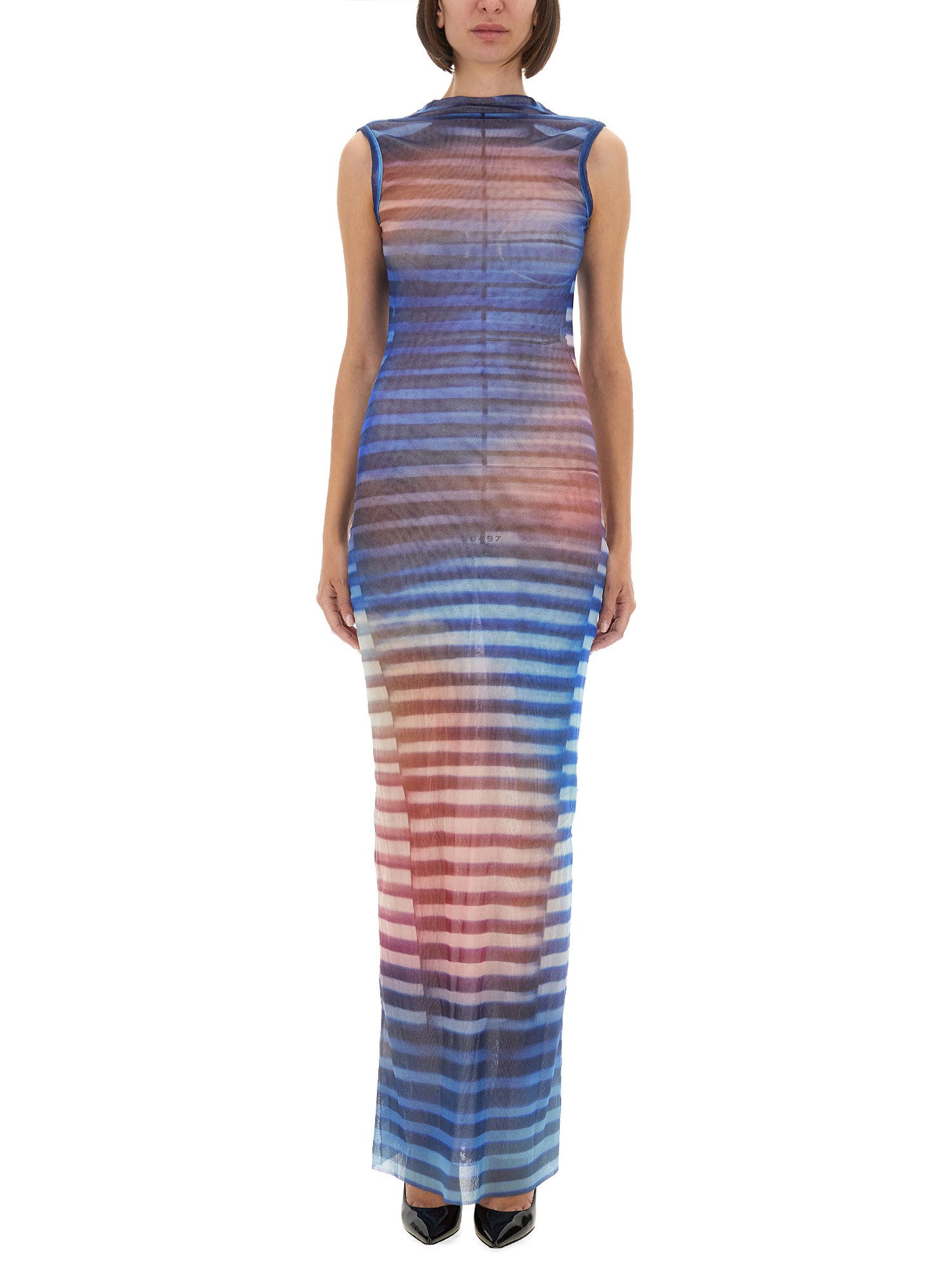 Jean Paul Gaultier Long Striped Dress High Neckline In Multi