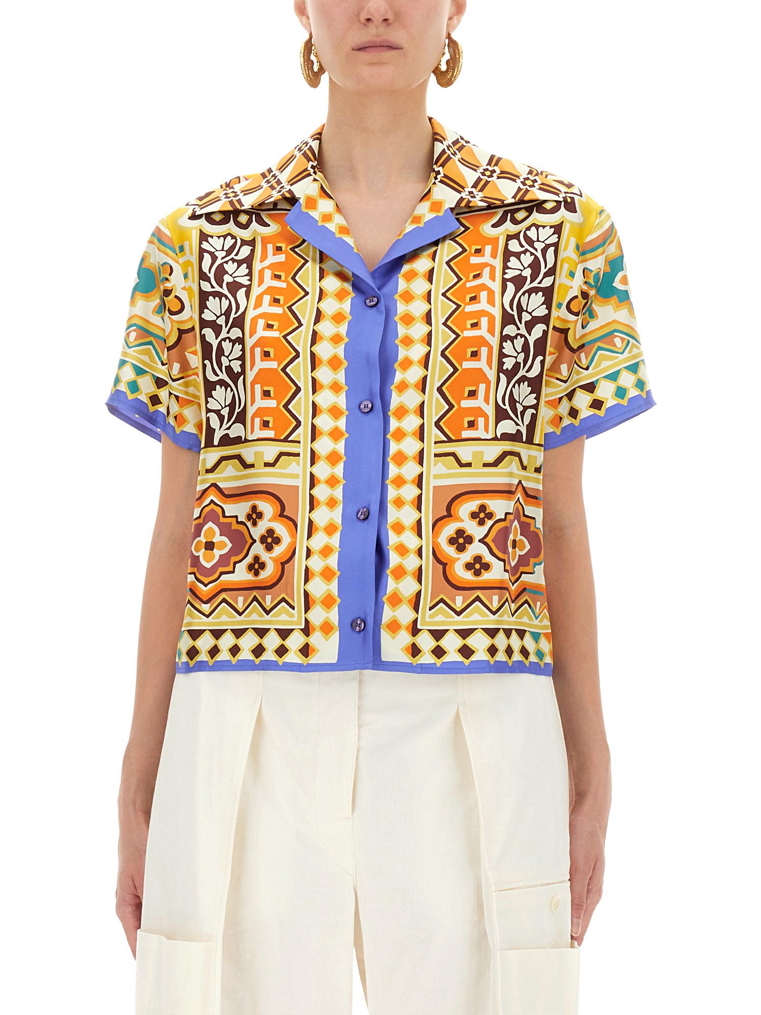 Etro Short Sleeve Collared Cropped Print Top In Multi