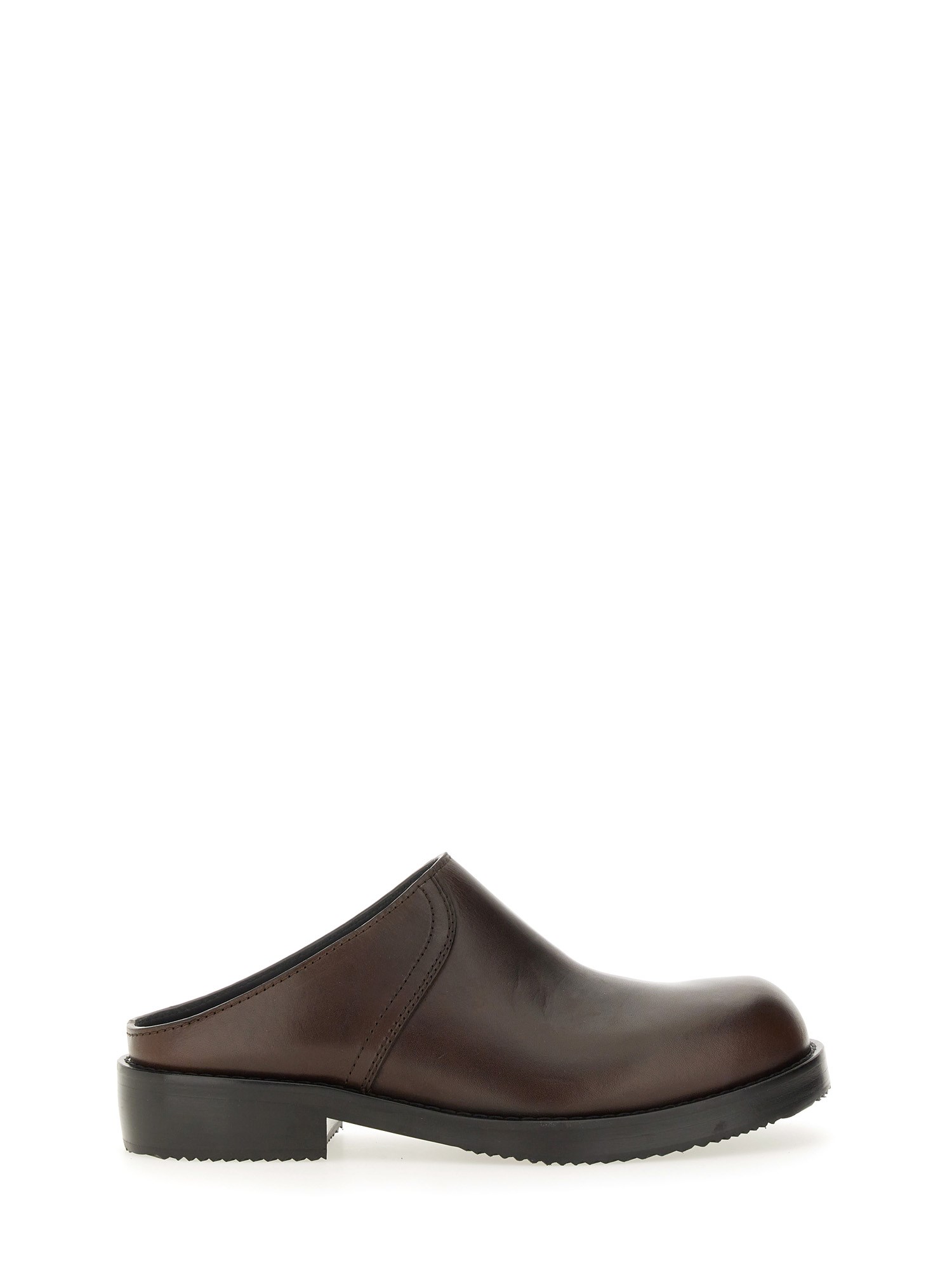 Dries Van Noten Round Toe Leather Clogs With Rubber Sole In Brown
