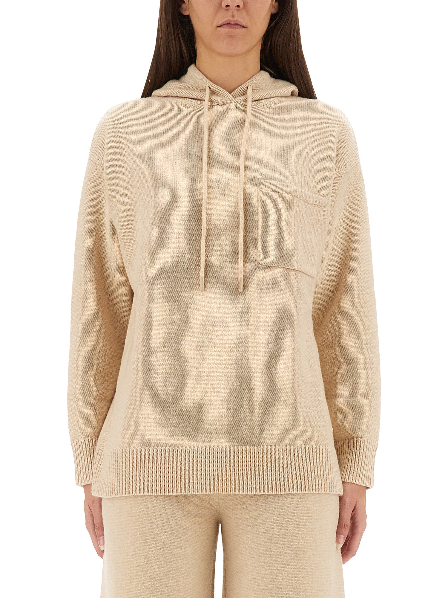 Max Mara Wool And Cashmere Knit Hoodie With Dropped Shoulder In Neutral